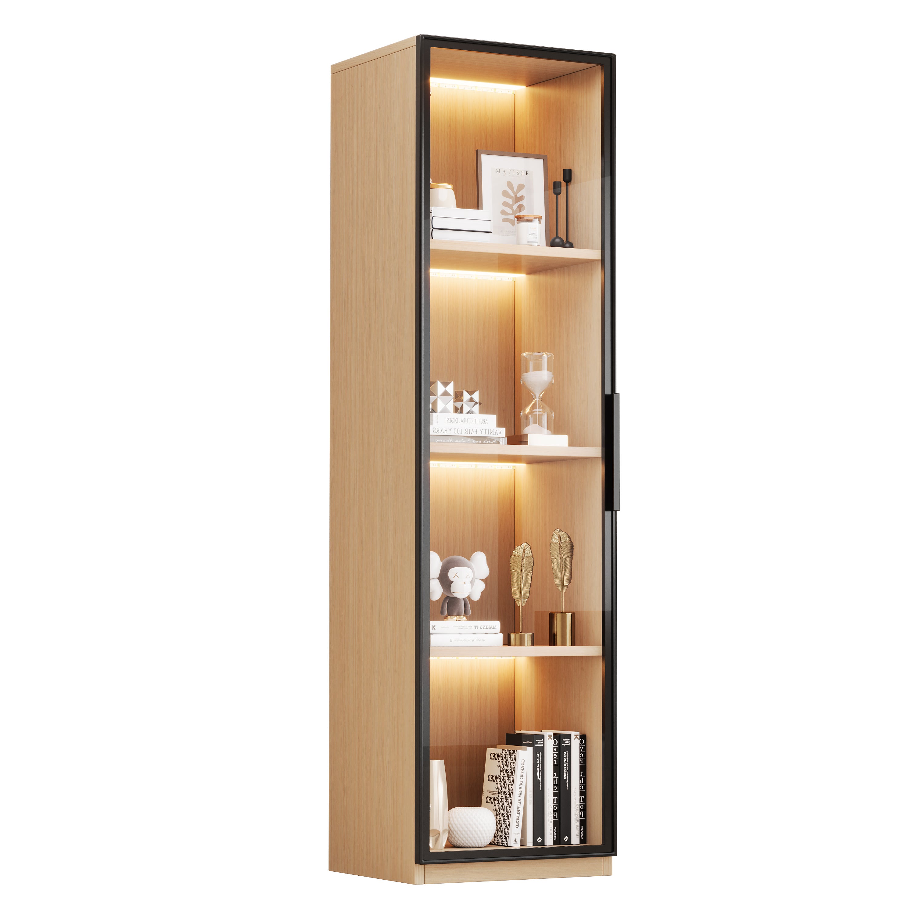 Vitrine Haute d'angle 40x40x165 cm avec LED Multicolore, Vitrine moderne avec Porte Vitrée Trempée, Charnières Amorties, Vitrine en bois Chêne - 3