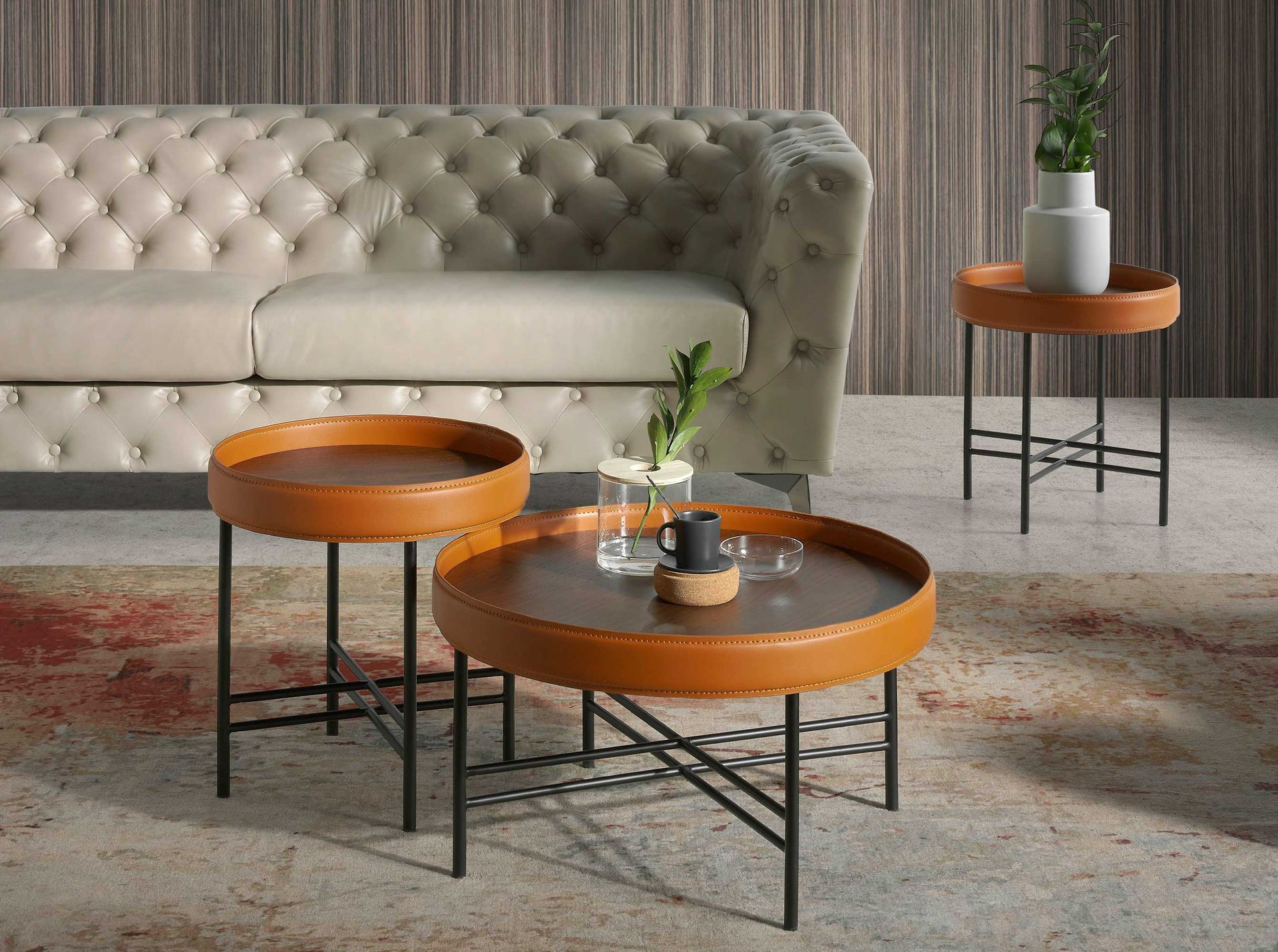 ANGEL CERDA Table d'angle ronde en simili cuir, noyer et acier noir - 7
