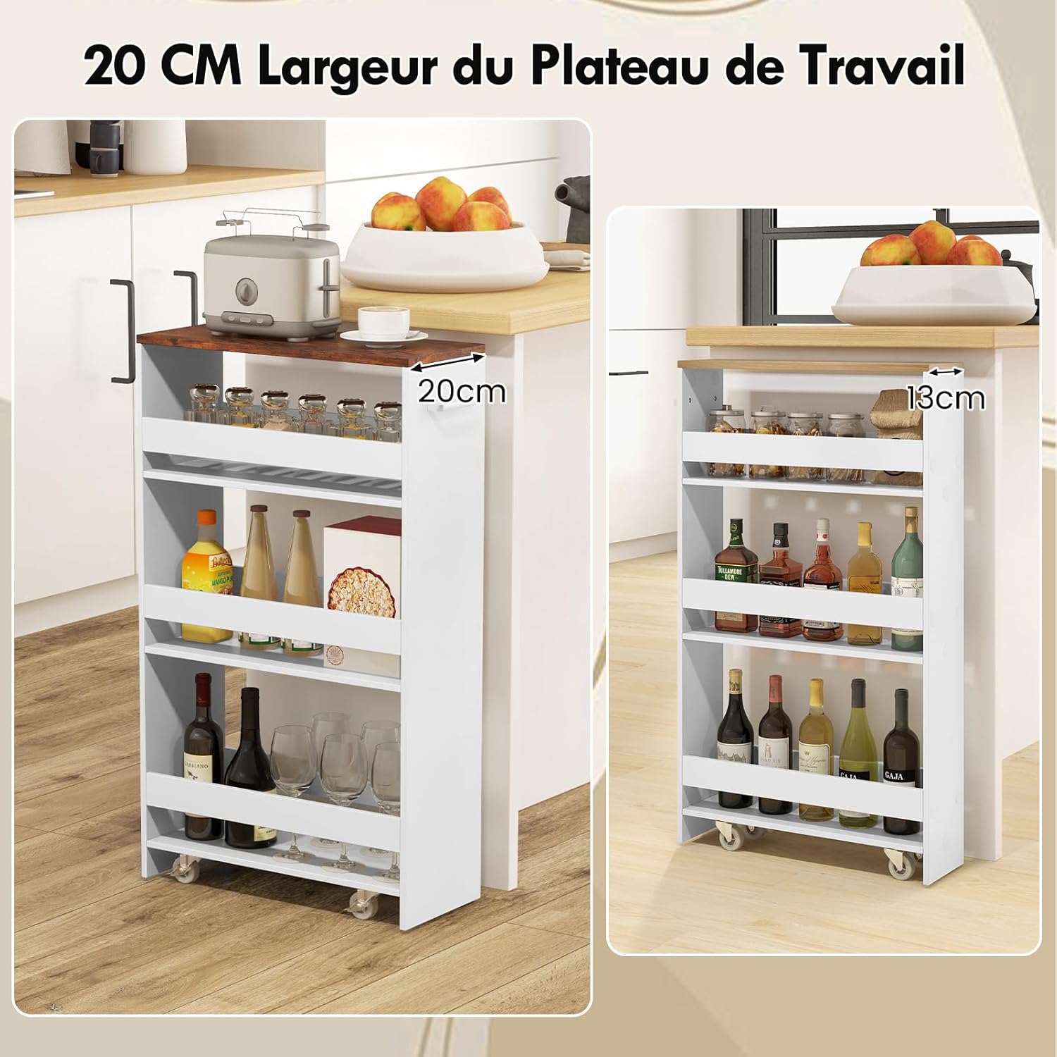 Chariot de Rangement Largeur 20 cm à roulettes, Desserte de Cuisine à 4 Niveaux, Poignée Latérale et Roues Universelles avec Freins (Blanc+ Brun) - 3