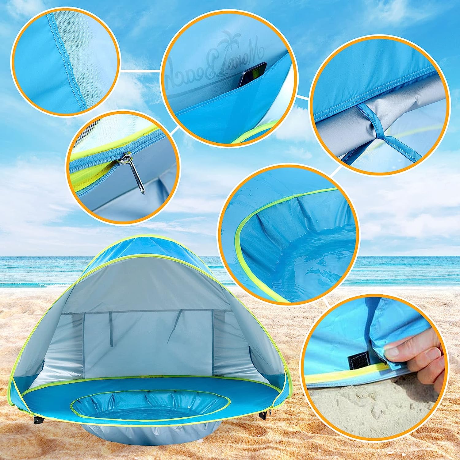 Tenda de praia para bebés Tenda de praia Pop Up portátil para proteção solar Piscina Proteção UV Dossel de sombra para bebés - 4