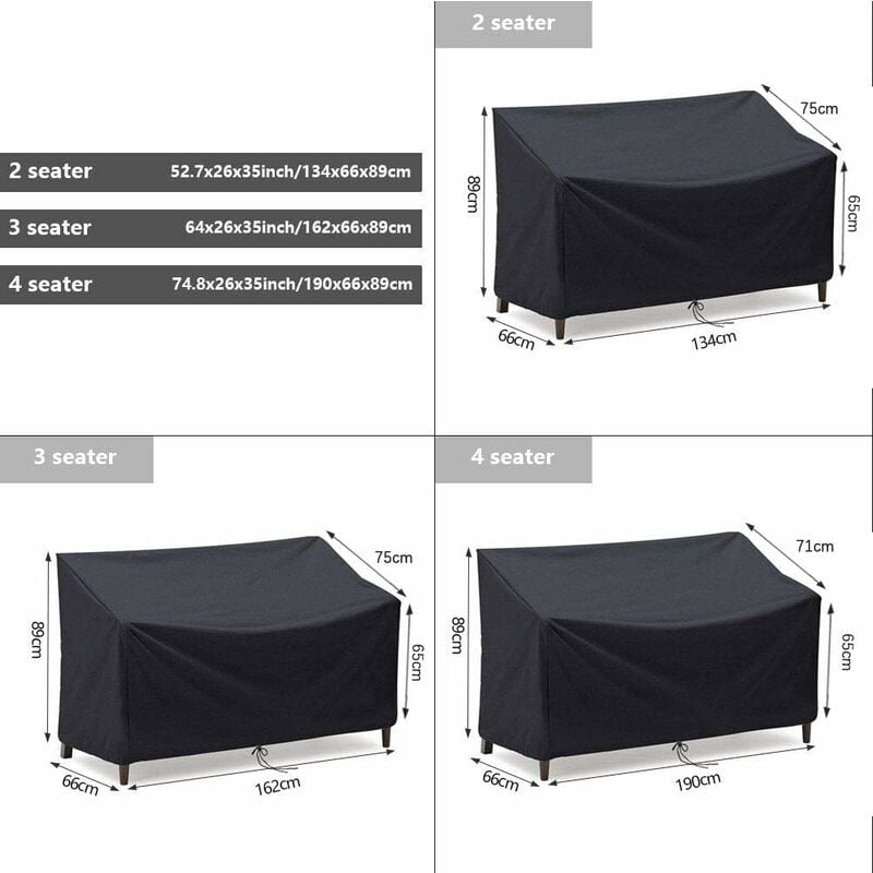 Housse de banc 2/3/4 places, imperméable, coupe-vent et indéchirable en tissu Oxford 210D anti-UV pour banc de terrasse extérieur - Noir (2 places) - 2