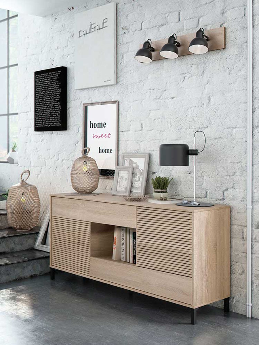 Buffet avec 2 portes et 2 tiroirs coloris chêne canadien / impression digitale - Hauteur 80 x Longueur 151 x Profondeur 41 cm - 2