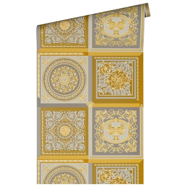Papier peint baroque jaune or et gris Tapisserie effet carreaux en mosaïque Papier peint luxe ornements idéal pour couloir