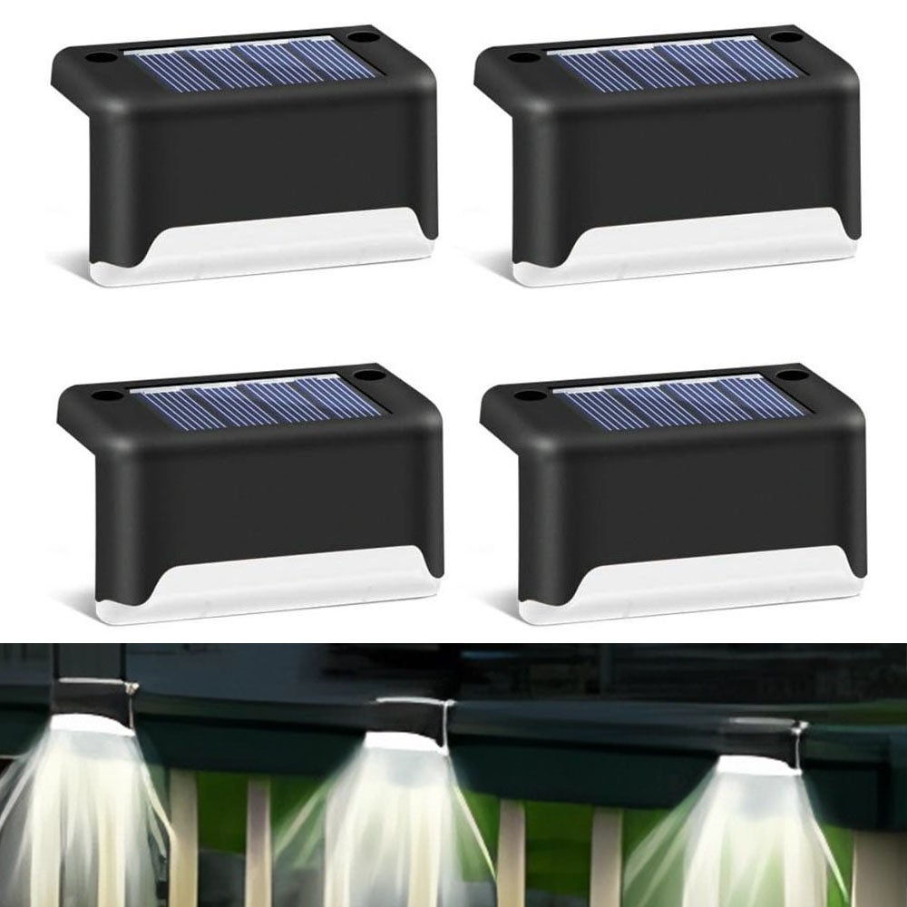 Wodoodporne oświetlenie solarne zewnętrzne | Zestaw 4 lampek do schodów, poręczy | Łatwe do zainstalowania bez okablowania, białe światło