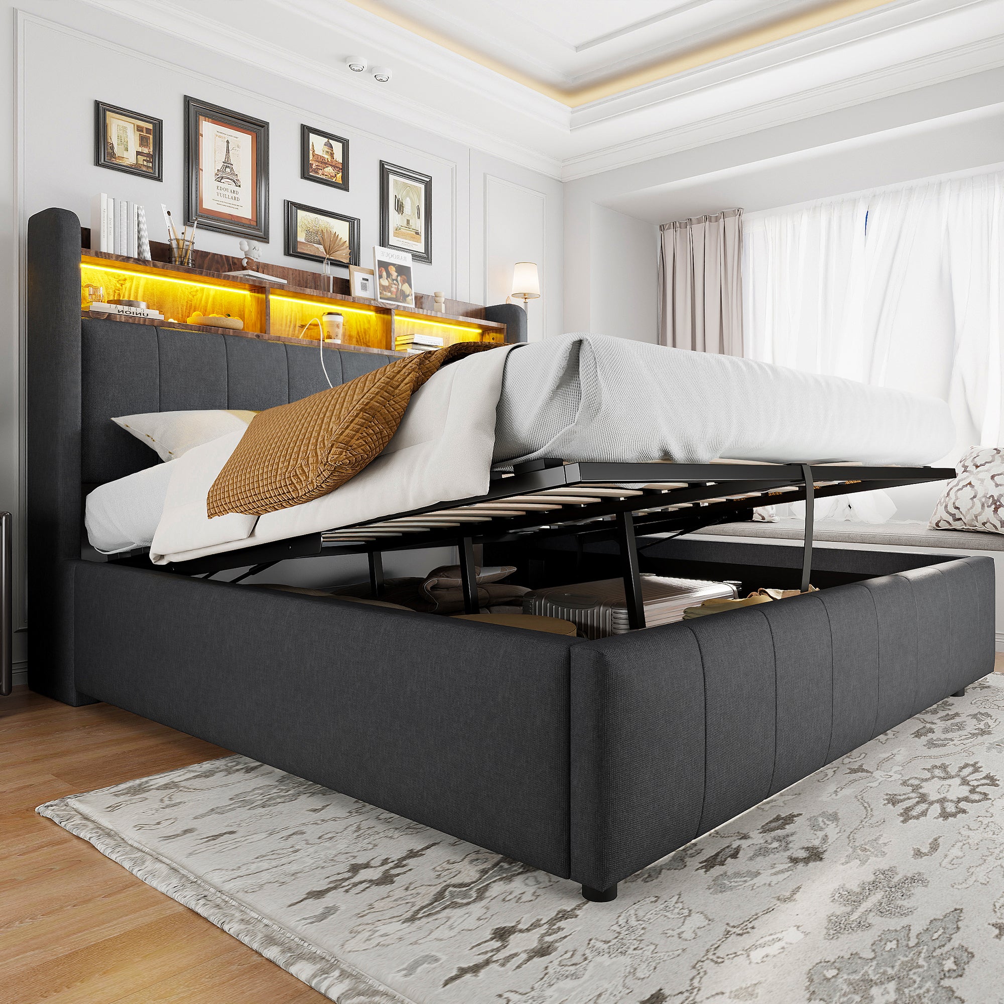 Matelas Polster 160x200cm - Głowa łóżka z LED USB do ładowania - Hydrauliczne przechowywanie - Odporny len - Szary
