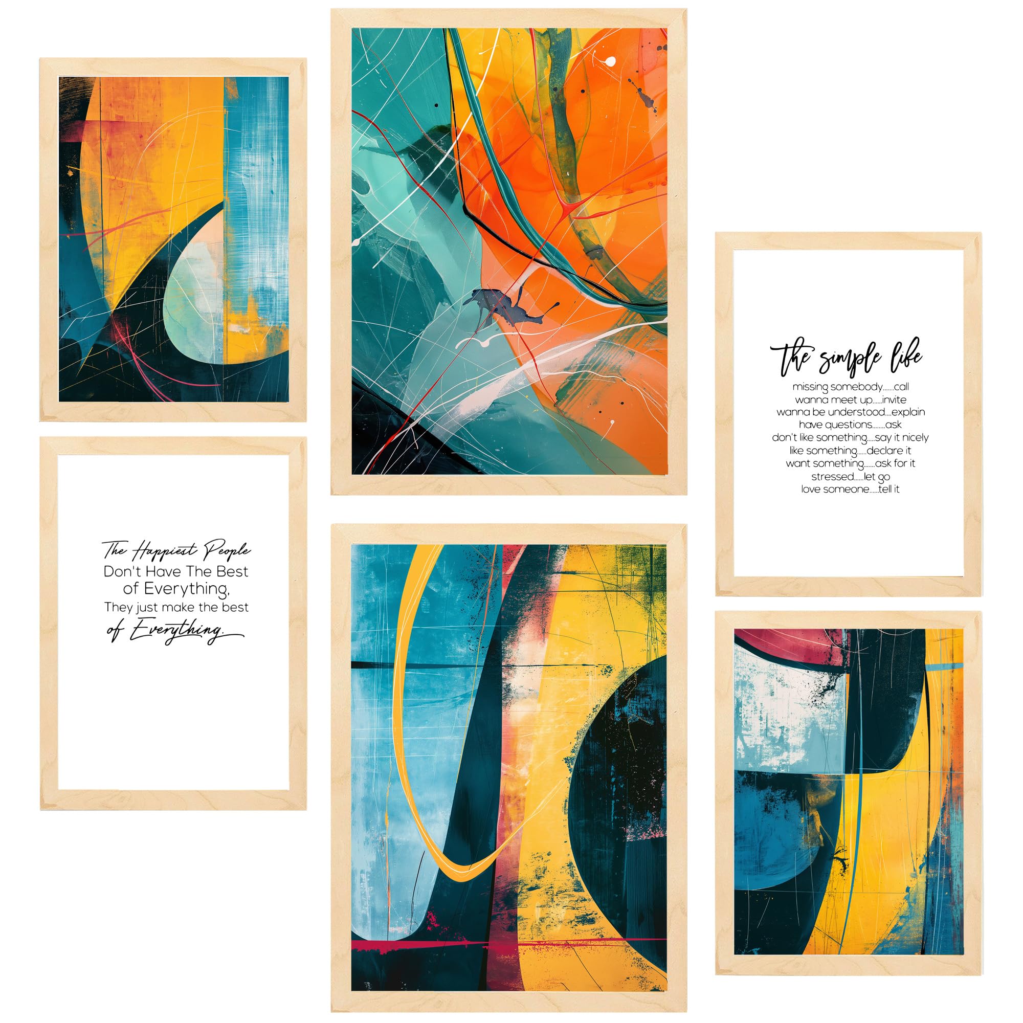 Set de 6 abstract colors yellow orange blue shapes cuadros con ilustración de diseño para decorar. tienda. a3 y a4. marco madera clara