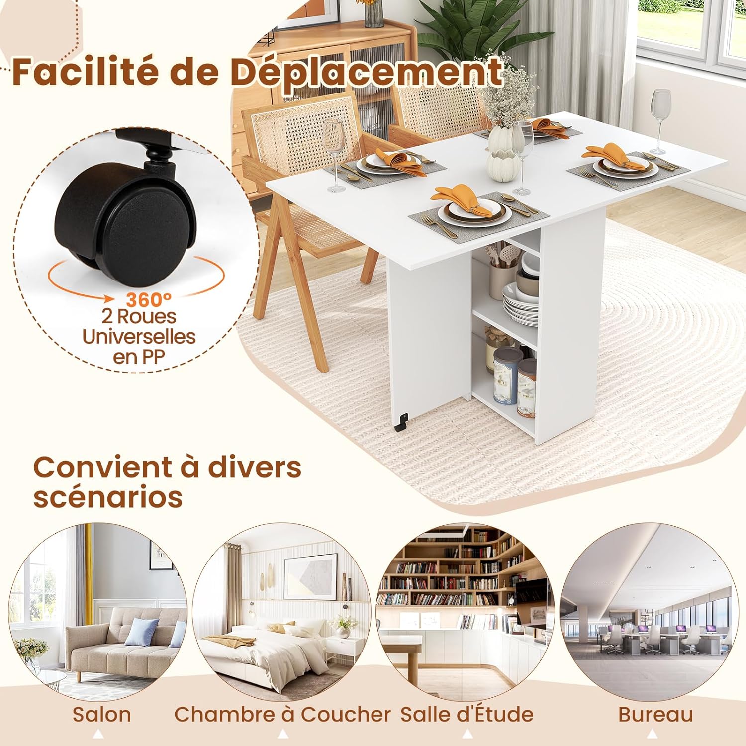 Składany Stół Mobilny z 2 Kółkami, 2-Stopniową Półką i Szufladą - Do Jadalni, Kuchni, Małego Salonu (Biały) - 6