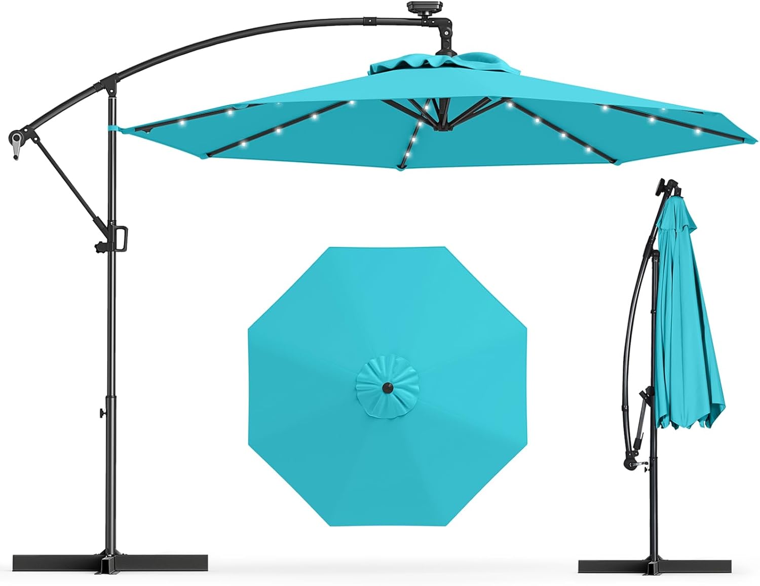 Parasol z Wysięgnikiem 3 m z 32 Diodami LED Zasilanymi Energią Słoneczną, 8 Żebrami, Parasol z Regulacją Nachylenia i Obrotem o 360° (Turkusowy)