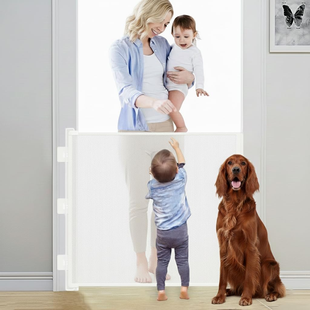 Barrière de sécurité rétractable en filet pour bébé et animal, 180x78cm, utilisation silencieuse à une main, pour escaliers, portes et couloirs - 5