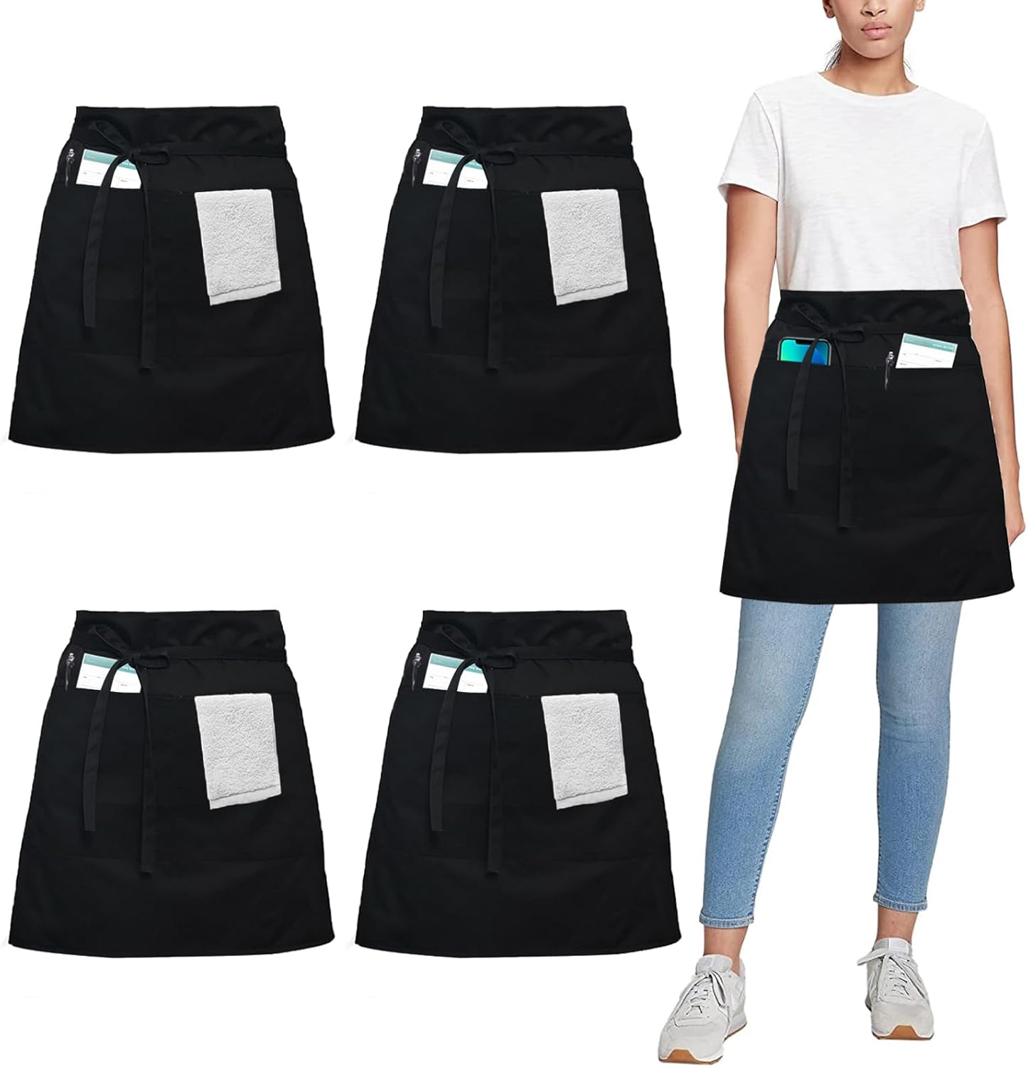 Grembiule corto da cameriera, 4 pezzi, grembiule da chef per uomo e donna, grembiule per bistrot, ristorante, bar (nero-poliestere e cotone) | Leroy Merlin