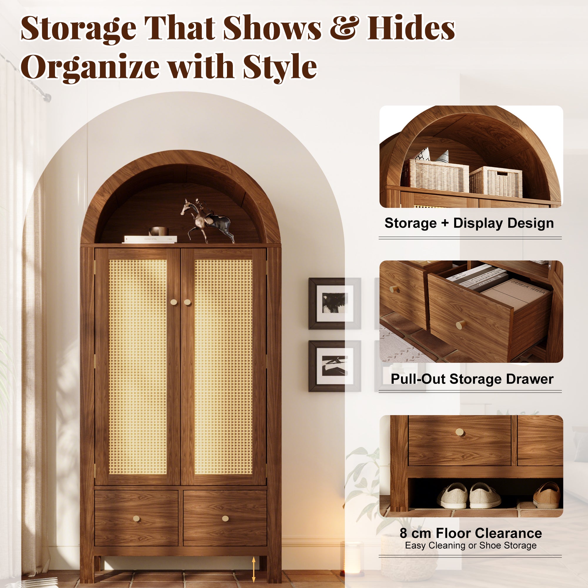 Armoire penderie avec Cannage en Rotin, 2 portes 2 tiroirs, étagère ouverte semi-ronde, fermeture magnétique, tringle vêtements, 181x78x45 cm, noyer - 8