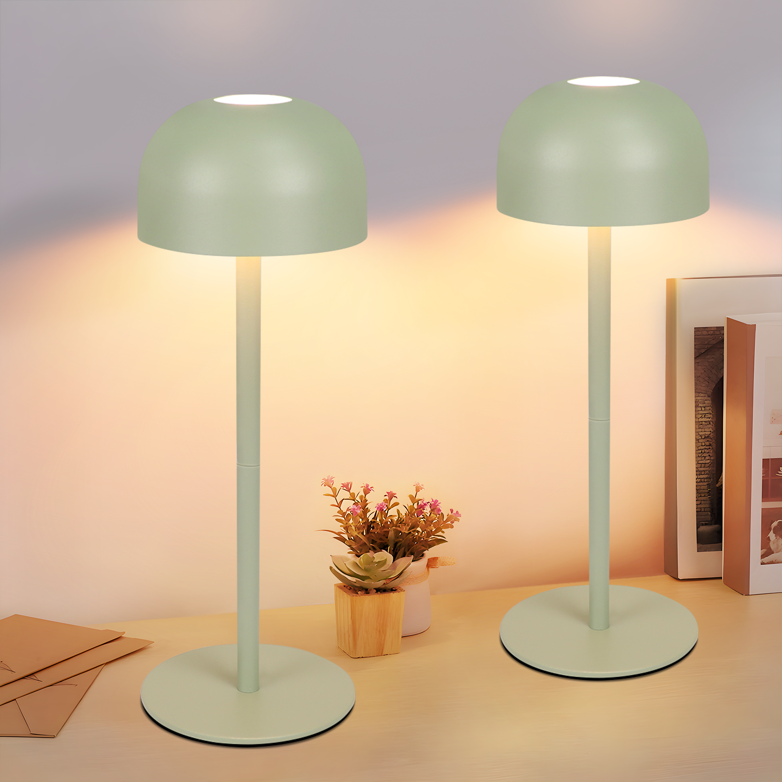 ZMH Lamp stołowych LED zielona zestaw 2 bezprzewodowych lampa ściemnialna z 3 temperaturami barwowymi