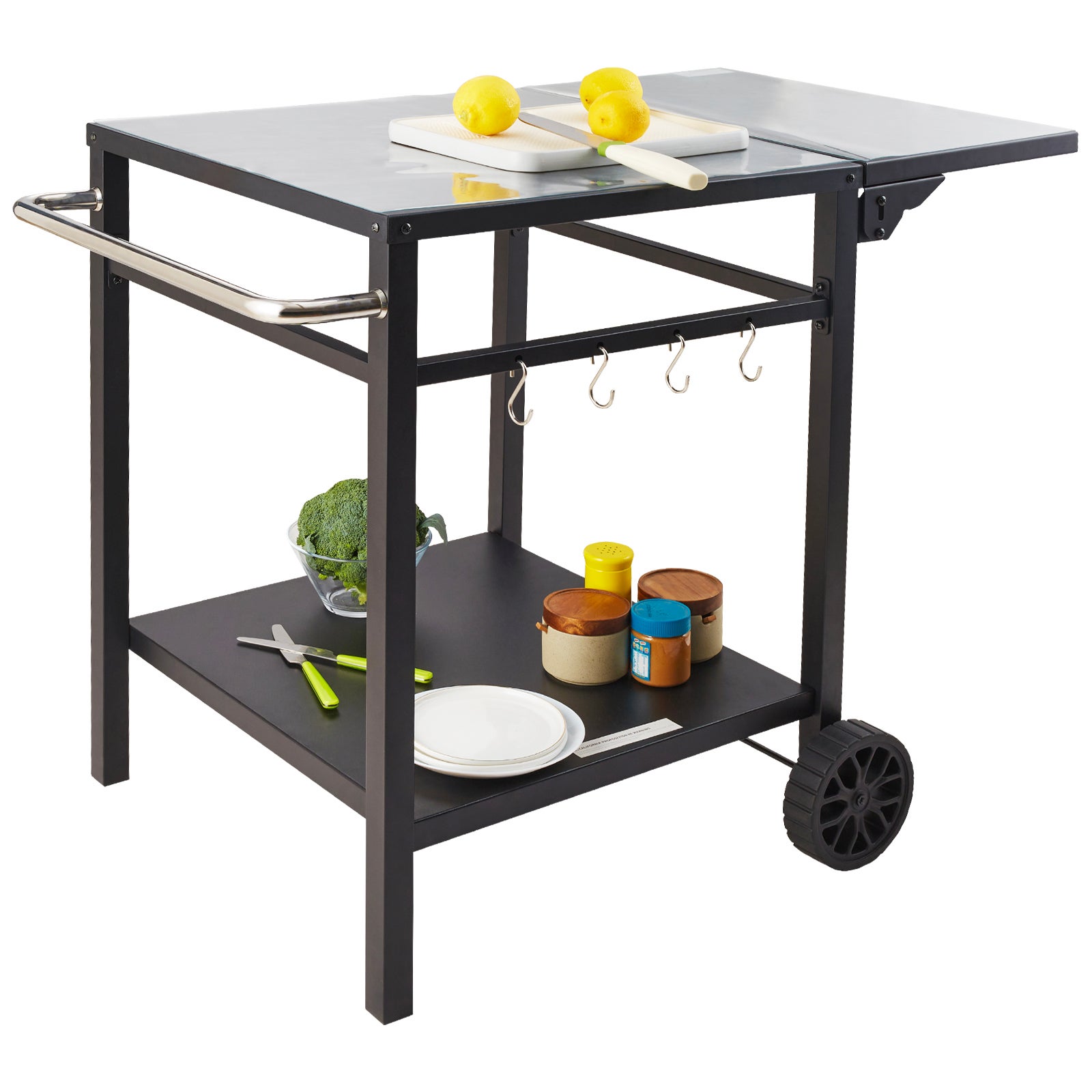 Chariot de service SucceBuy pour barbecue extérieur à 2 étagères, plateau pliable en fer, table modulaire portable pour four à pizza - 3