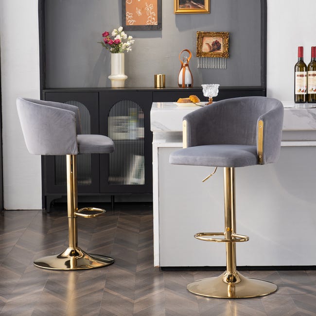 Set di 2 sgabelli da Bar, Sedia Girevole con Schienale in Velluto con poggiapiedi Argento e Base Rotonda, Sgabello da bancone da Pranzo con Isola da Set di 2 sgabelli da Bar, Sedia Girevole con Schienale in Velluto con poggiapiedi Argento e Base Rotonda, Sgabello da bancone da Pranzo con Isola da