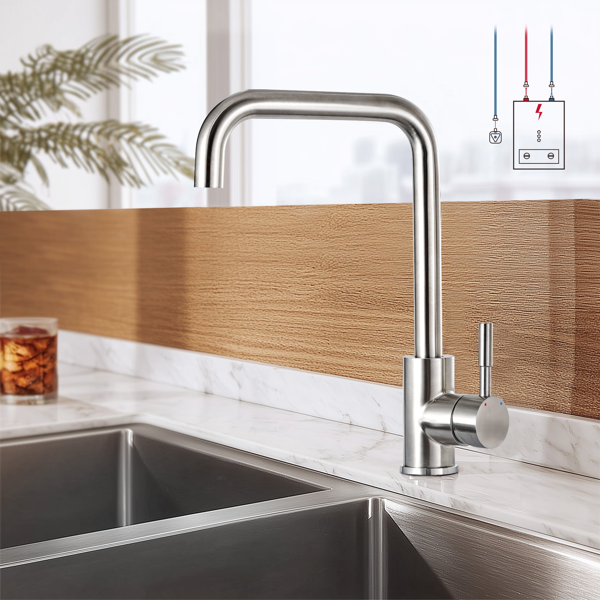 LOVHAUS Bateria Kuchenna Niskociśnieniowa, Obrotowa o 360°, ze Stali Nierdzewnej Bateria Zlewozmywakowa, Jednouchwytowa