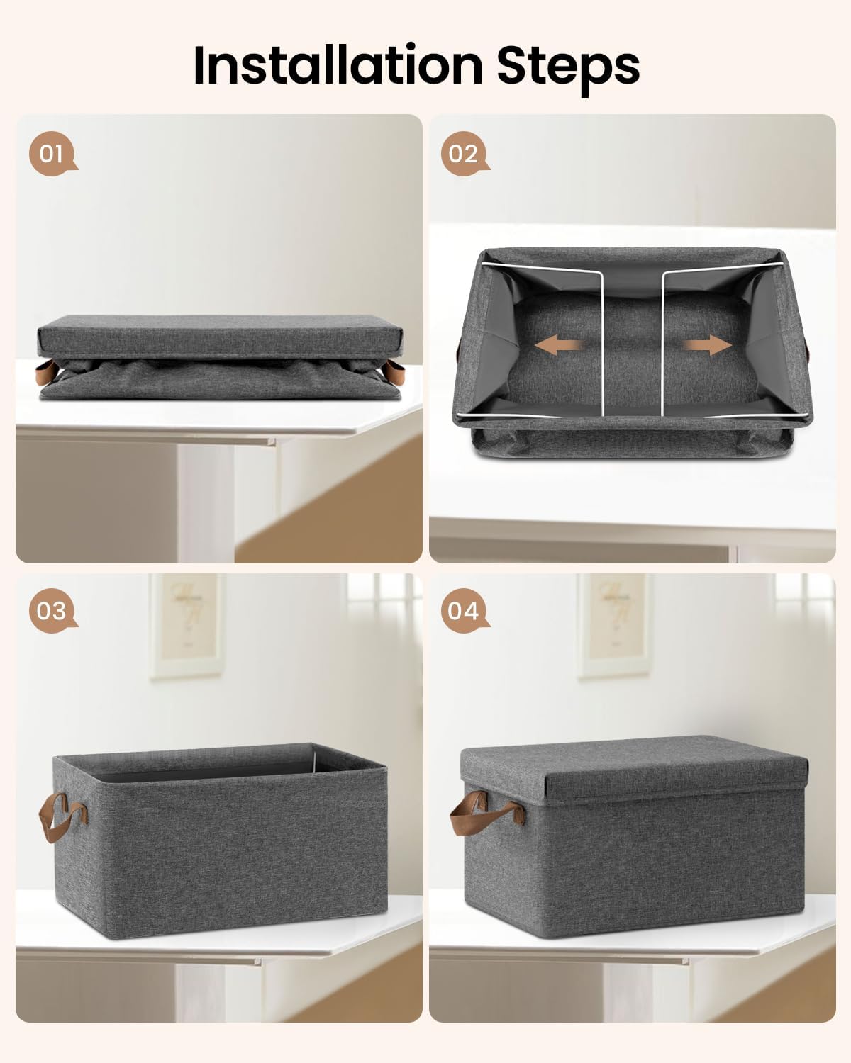 WOLTU Lot de 3 Boîte de Rangement 48x36x30cm en Tissu non Tissé，Caisse Rangement Pliable，Coffre de Rangement avec Poignée，Couvercle Amovible，Gris - 5