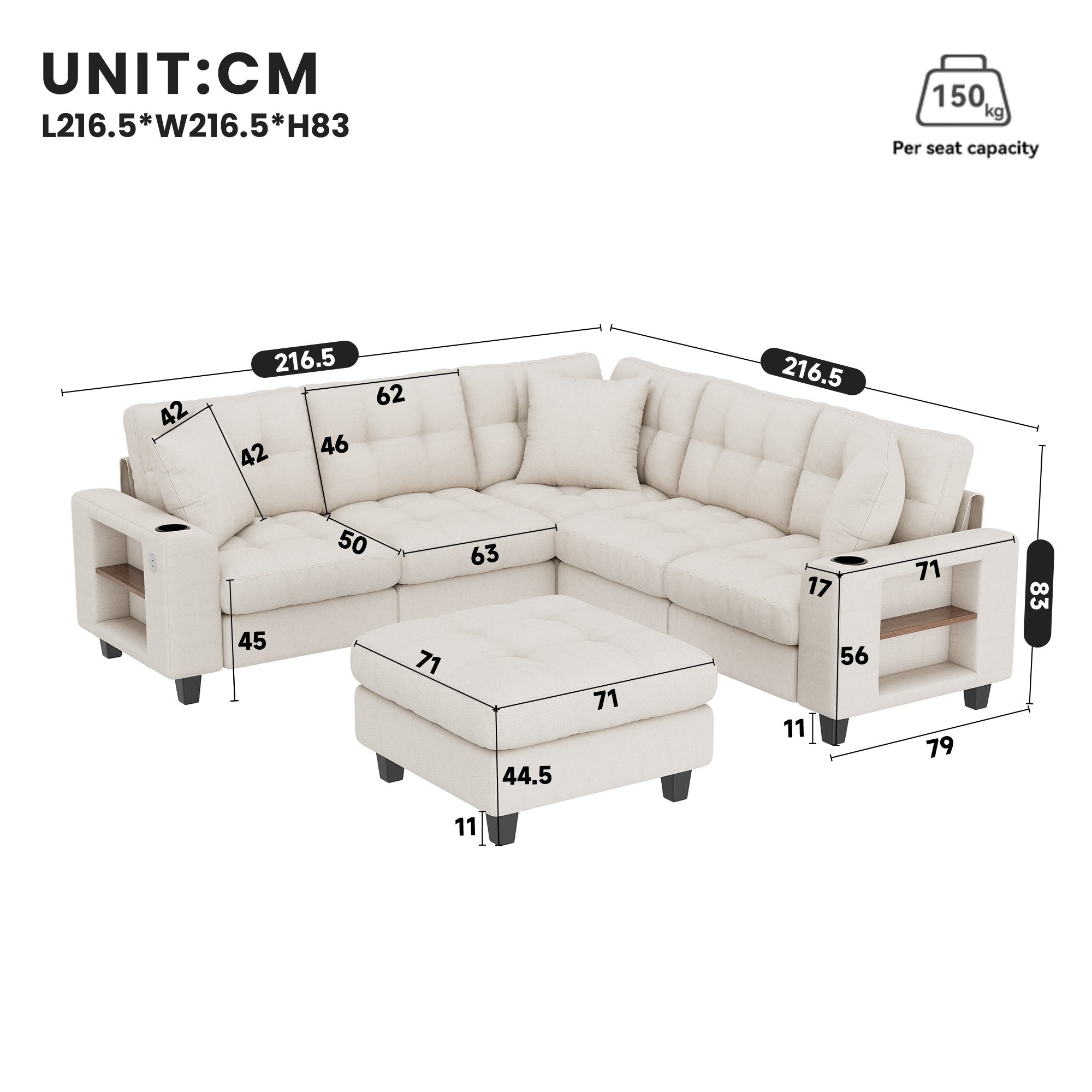Canapé d'angle modulaire XXL en forme U, canapé 6 places en tissu chenille, avec accoudoirs fonction bibliothèque, beige - 6