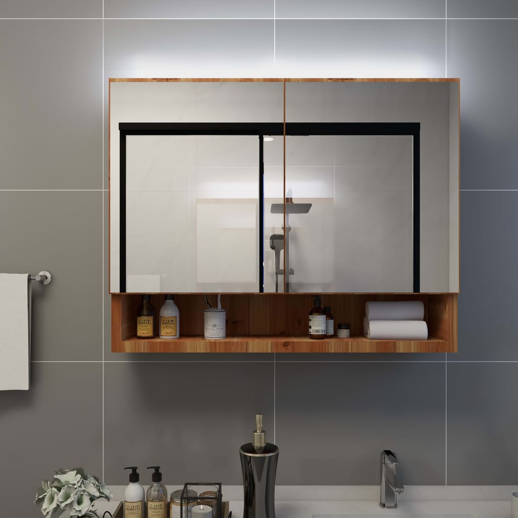 Miroir Armoire De Salle De Bain Mural En Bois Massif Et Verre, 2 étagères, Rangement Moderne, 29 Pouces, Marron