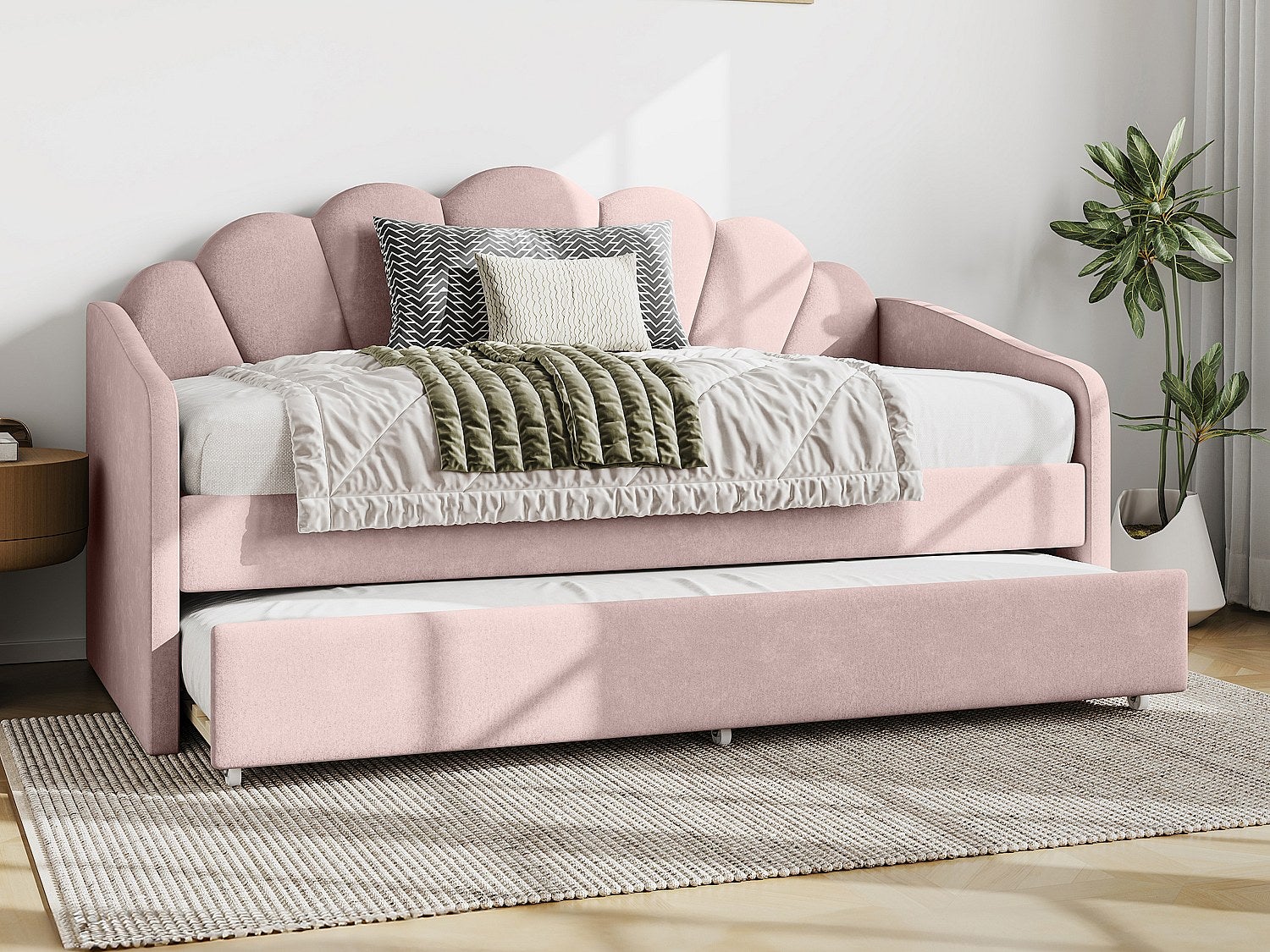 Łóżko wysuwane muszla 2 x 90 x 190 cm - Welur - Różowy + Materac - ELUSIA