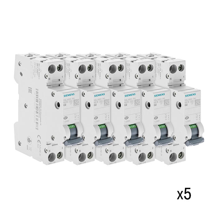 Lot de 5 disjoncteurs Siemens, 2 A, courbe C, 4,5 kA, AC/DC, norme NF EN 60898, garantie 2 ans - 4