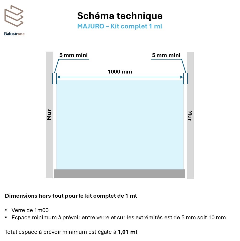Garde-corps en verre feuilletée et trempée 17 mm, kit de 1 ml, pose sur rail aluminium, MAJURO - 2