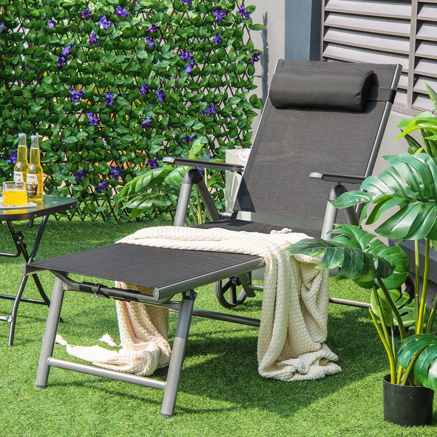 Chaise Longue Pliable de Jardin avec roulettes, Transat Inclinable en Aluminium avec Dossier Réglable à 7 Niveaux & Appui-tête Amovible,Terrasse - 2