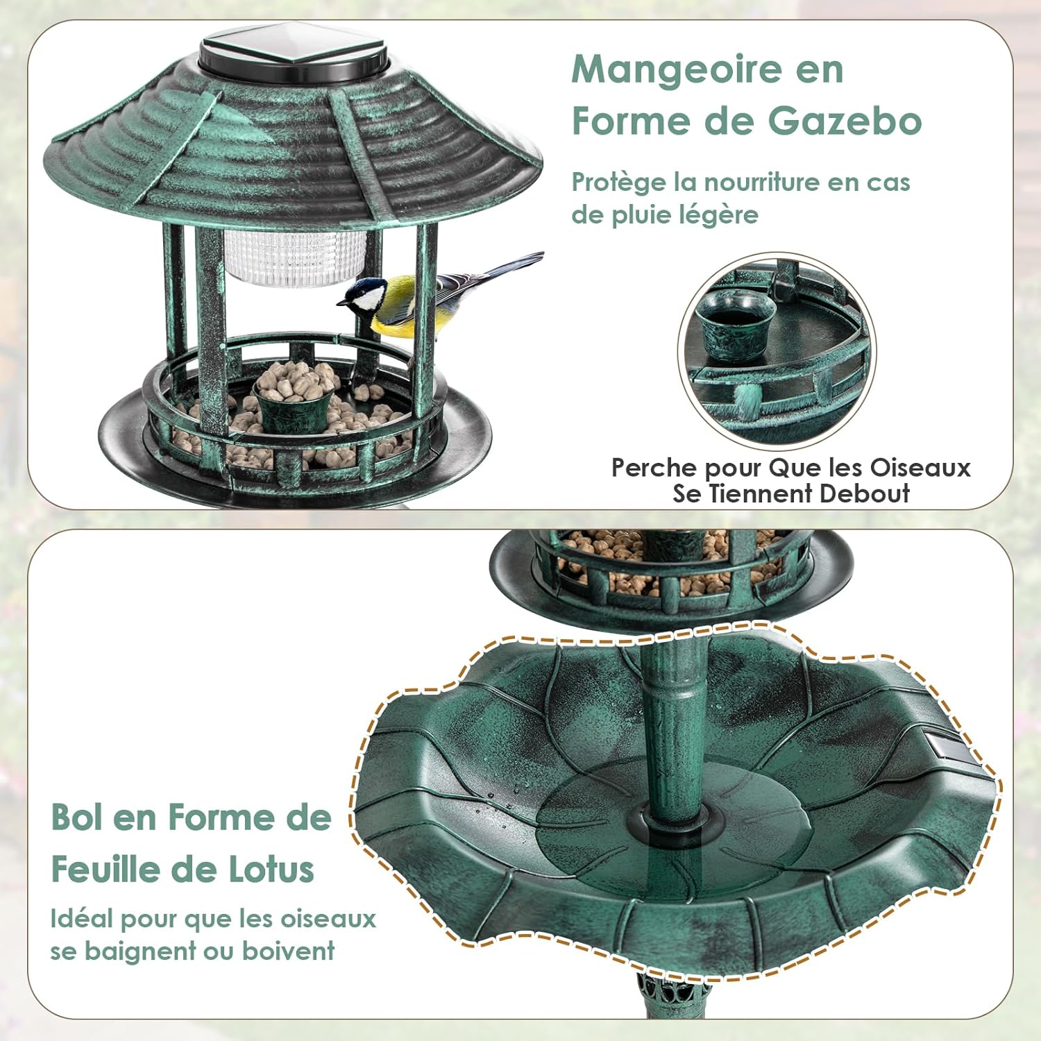 Banho solar para pássaros, comedouro exterior para pássaros com 2 luzes solares, suporte recarregável, 3 estacas para jardim e quintal - 4