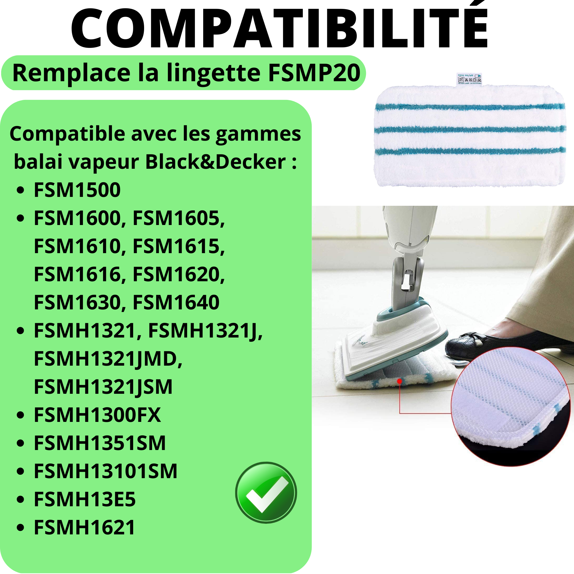Lot 5 Lingettes Microfibre rectangle pour balai vapeur Black et Decker FSM1630,FSM1616,FSM1605,FSMH13E5,FSMH1321 FSMP20 - 2