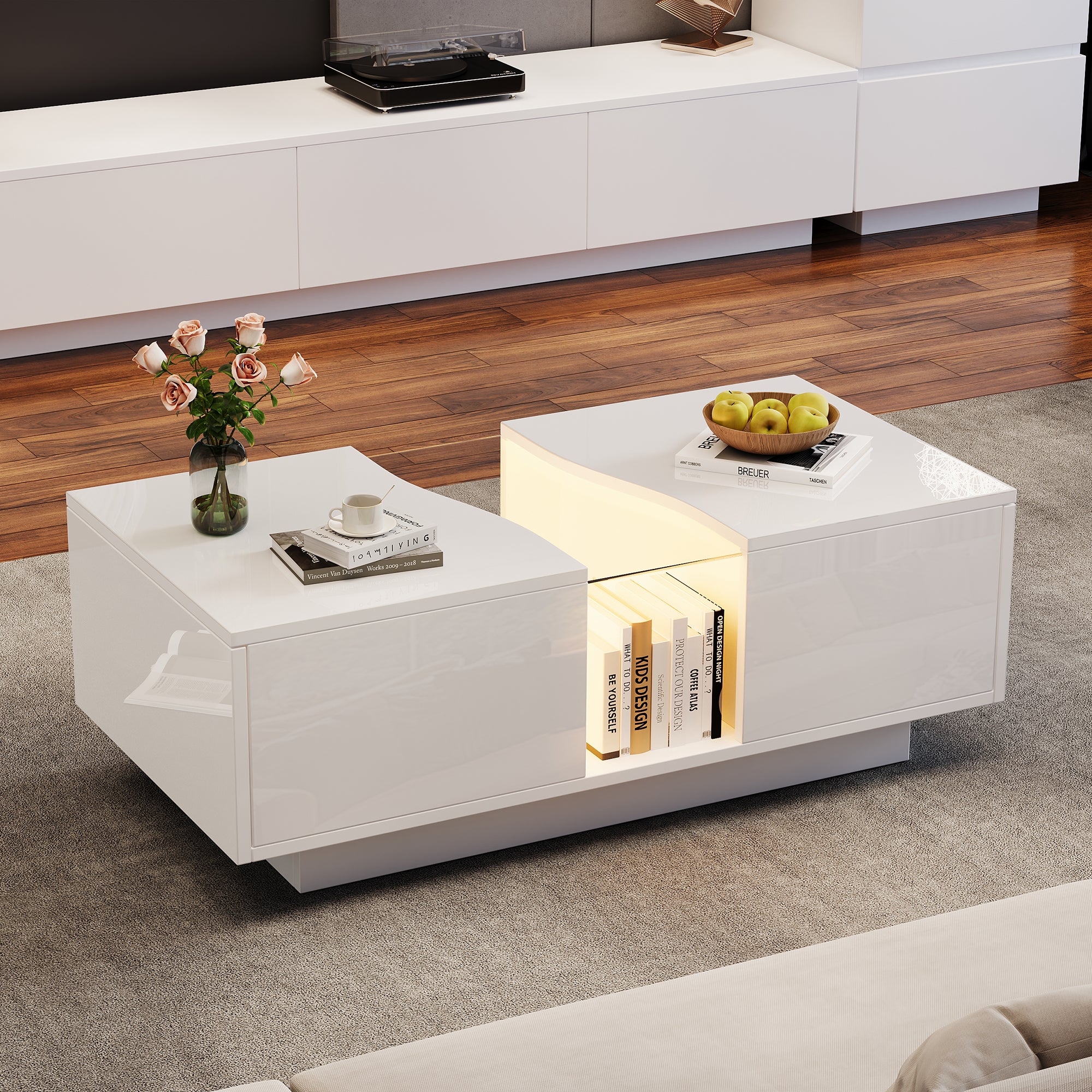 Nowoczesny stolik kawowy LED z 2 szufladami - 100x50x35 cm - MDF - Biały