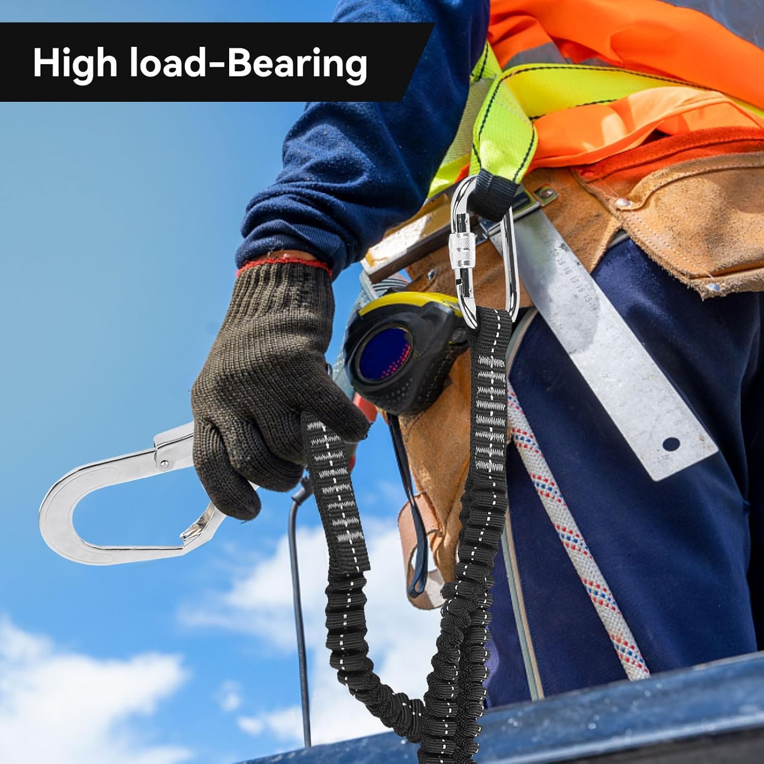 80-140 cm Harnais de sécurité crochet élastique, 25KN Double grand crochet en acier longe de sécurité absorbant les chocs Antichute extérieur - 5
