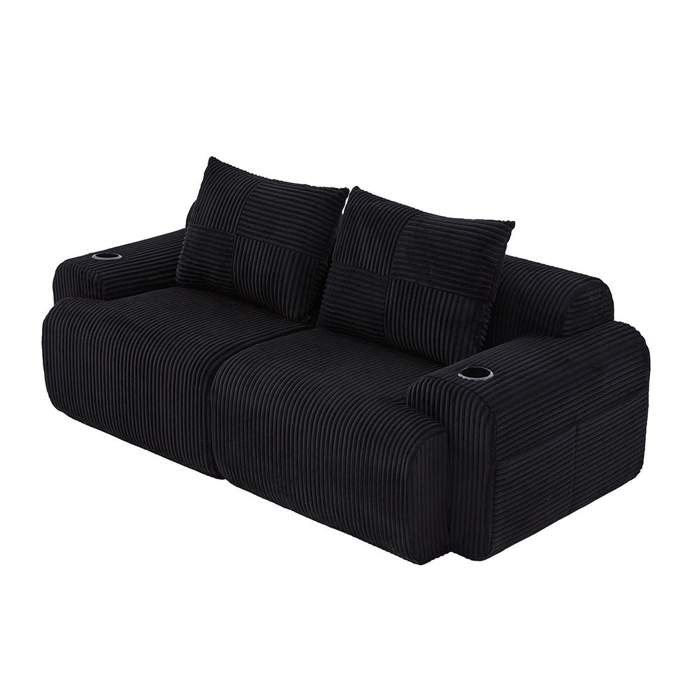 Canapé 2 places 200 cm - Canapé modulable avec accoudoirs - Porte-gobelets - Sans montage - Tissu velours côtelé - Noir - 8