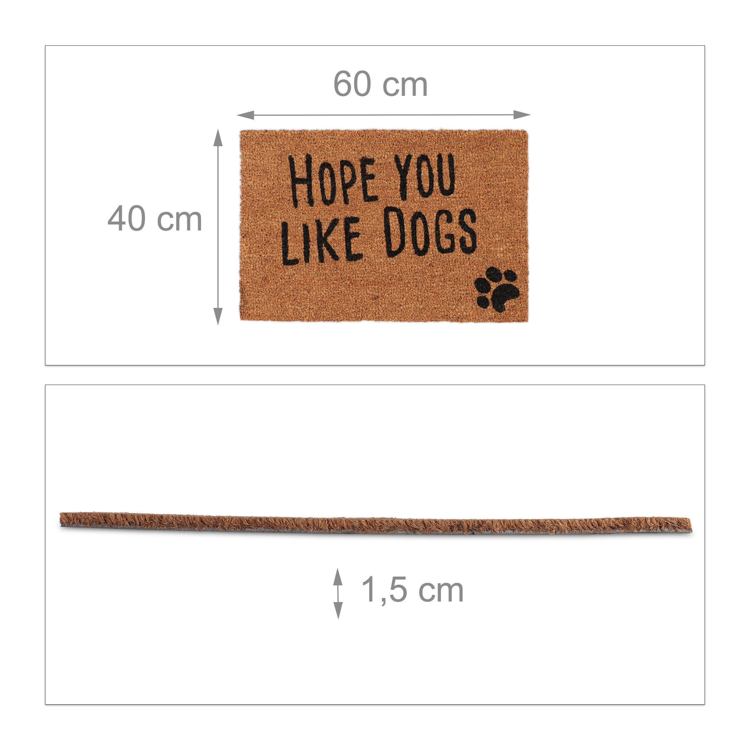 Paillasson fibre de coco Hope You Like Dogs 40x60 cm tapis d’entrée extérieur antidérapant PVC, nature, Relaxdays - 4