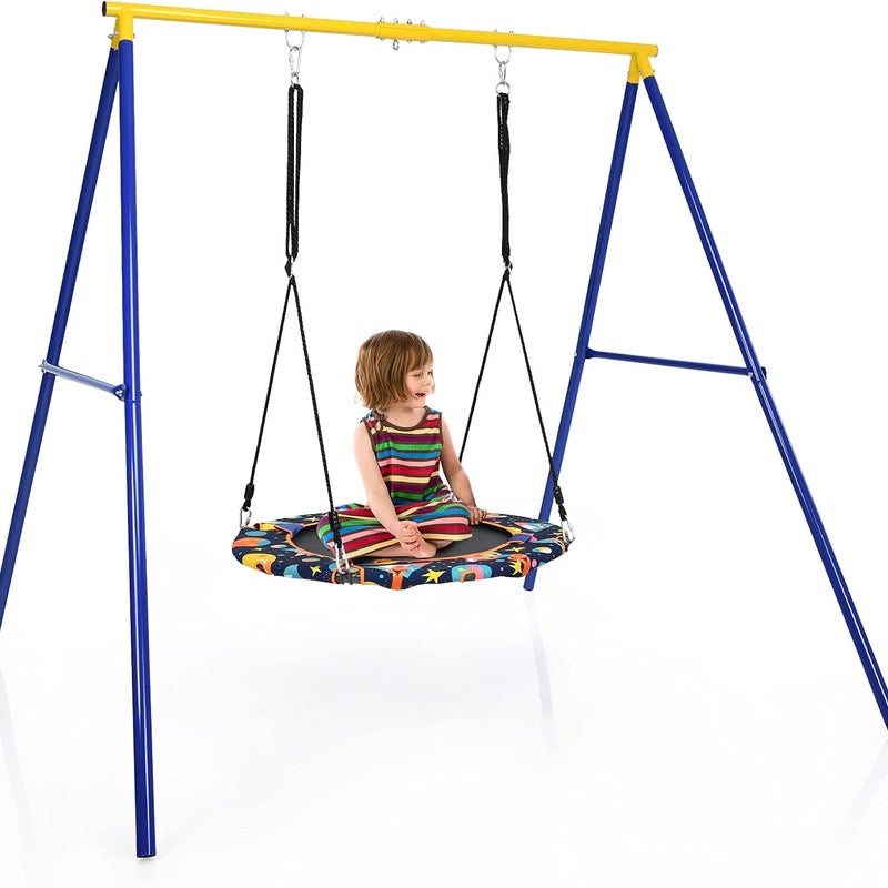 Solidna Huśtawka w Kształcie Litery A, Rama do Zawieszenia Gniazda z 3 Haczykami, z Osłonami na Nogi i Kołkami do Mocowania w Ziemi, Nośność 200 kg.