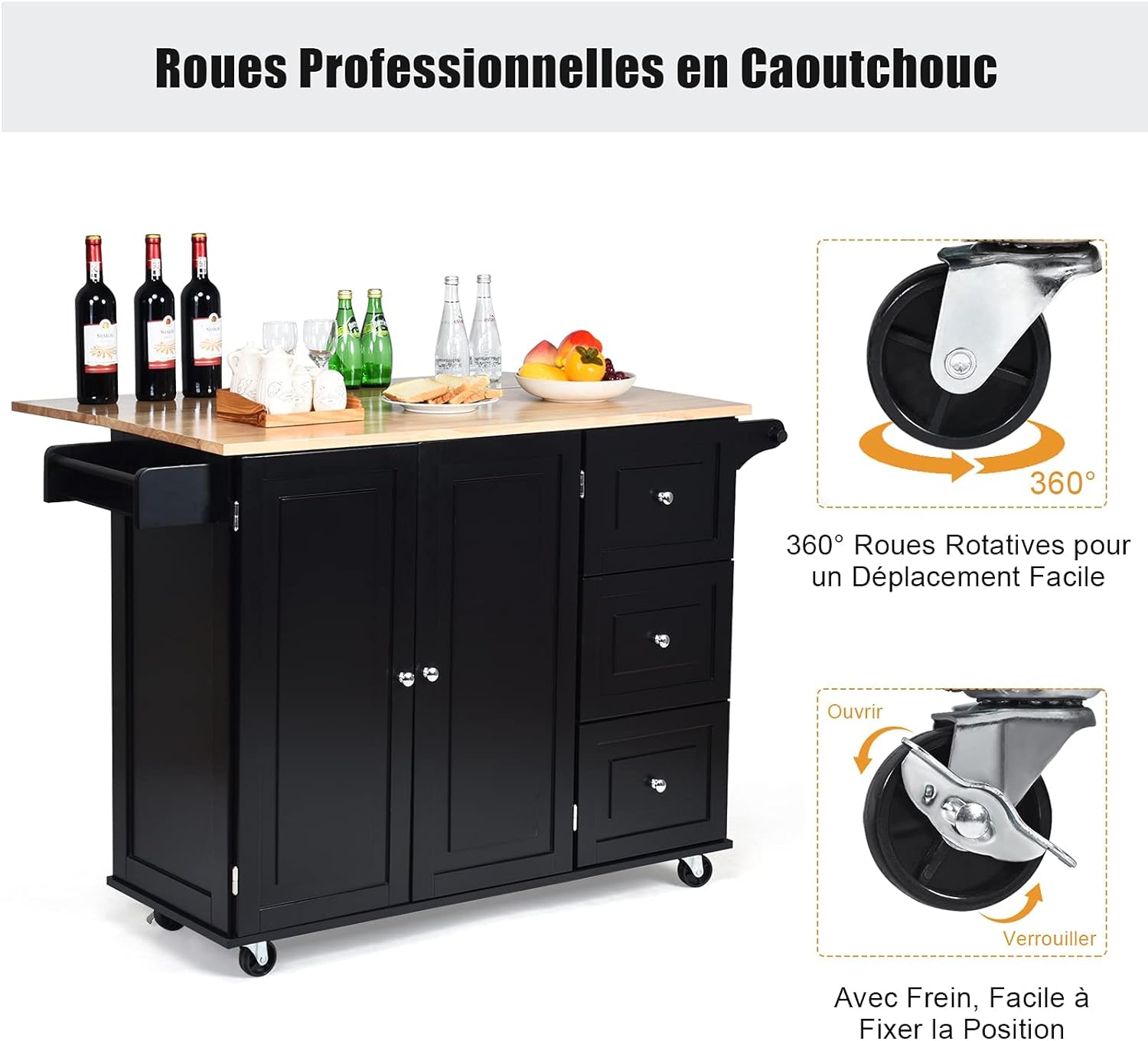 Carrello Da Cucina Grande Con Ruote - Legno Verniciato Nero - 136x76x91 Cm - Armadietto E Cassetti - Foto 2