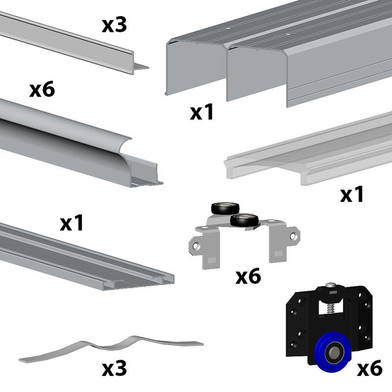 Kit SLID'UP 280 aluminium anodisé argent pour 3 portes de placard coulissantes 18 mm - rail 3 m - 50 kg - 2