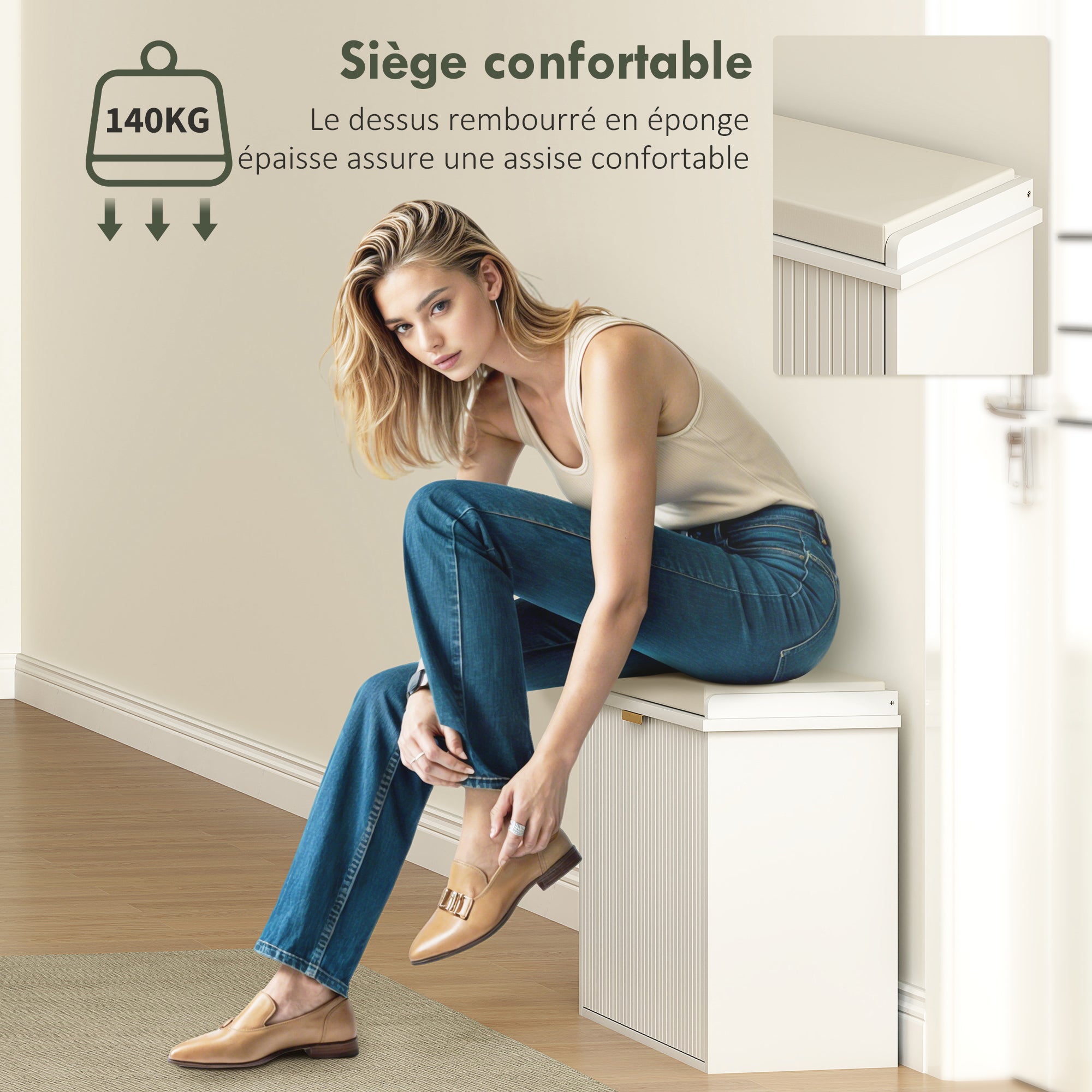 Rangement Banc à chaussures avec coussin d'assise rembourré et tiroir rabattable pour couloir chambre 62 x 26 x 47,5 cm - blanc - 9