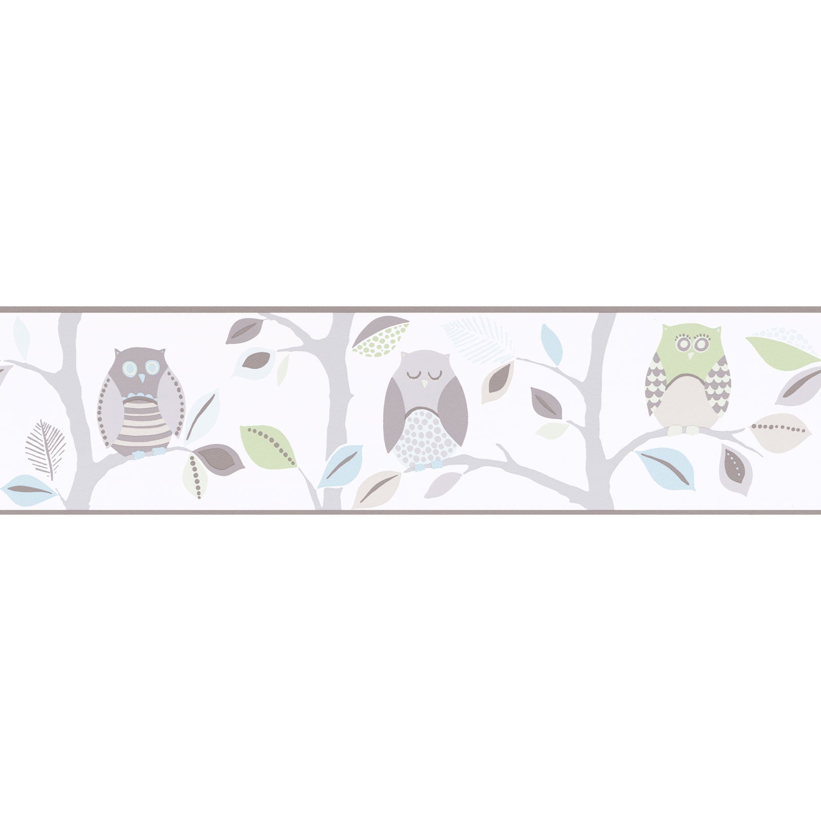 Carta da parati colorata Bordo carta da parati con gufi grigi bianchi e azzurri Ideale per la cameretta delle bambini e bambine e neonati - 2