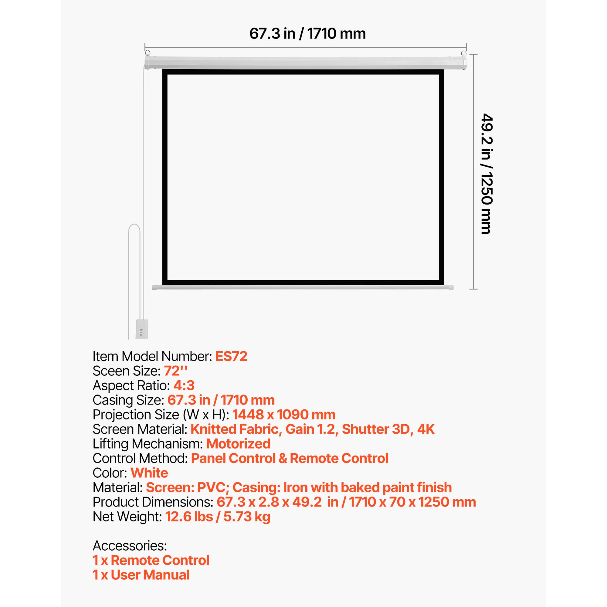 Ecran de projection SucceBuy electrique motorise 1829 mm 4:3 1080 HD, toile murale en PVC, telecommande incluse, large angle de vision, pour maison - 7