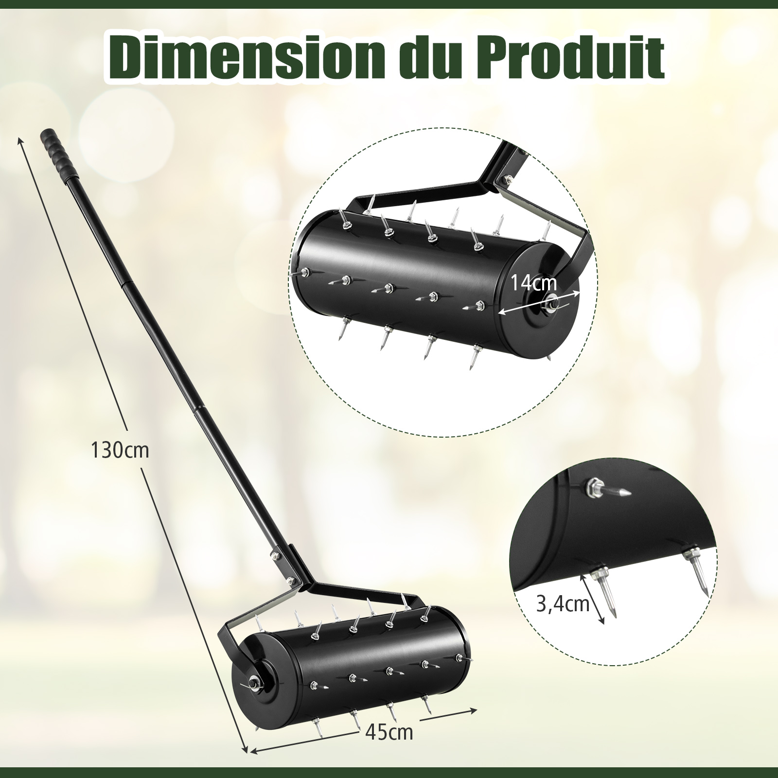 Aérateur à Gazon Roulant de 44 cm, Scarificateur Manuel avec Poignée Amovible de 128 cm Pointes de Dents pour Ameublir Sol, Aération de l'Herbe, Noir - 3