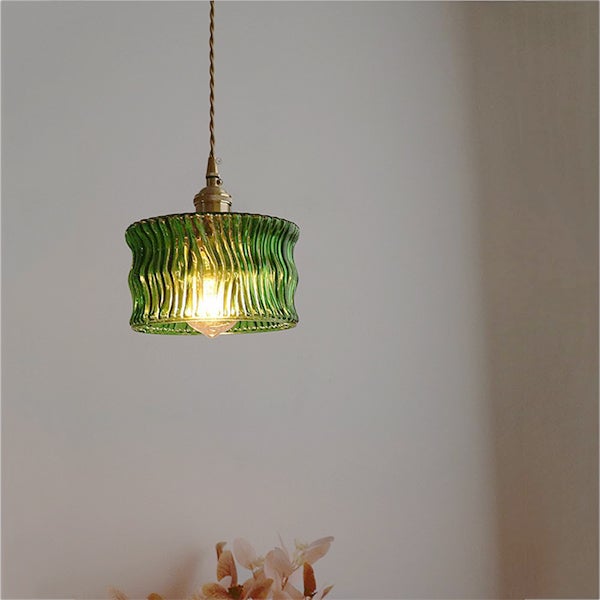 Lampa wisząca w stylu vintage – klosz ze szkła falistego Ø16 cm – nowoczesny styl nordycki – do przedpokoju (E27, regulowany 1,5 m, bez żarówki) - 4