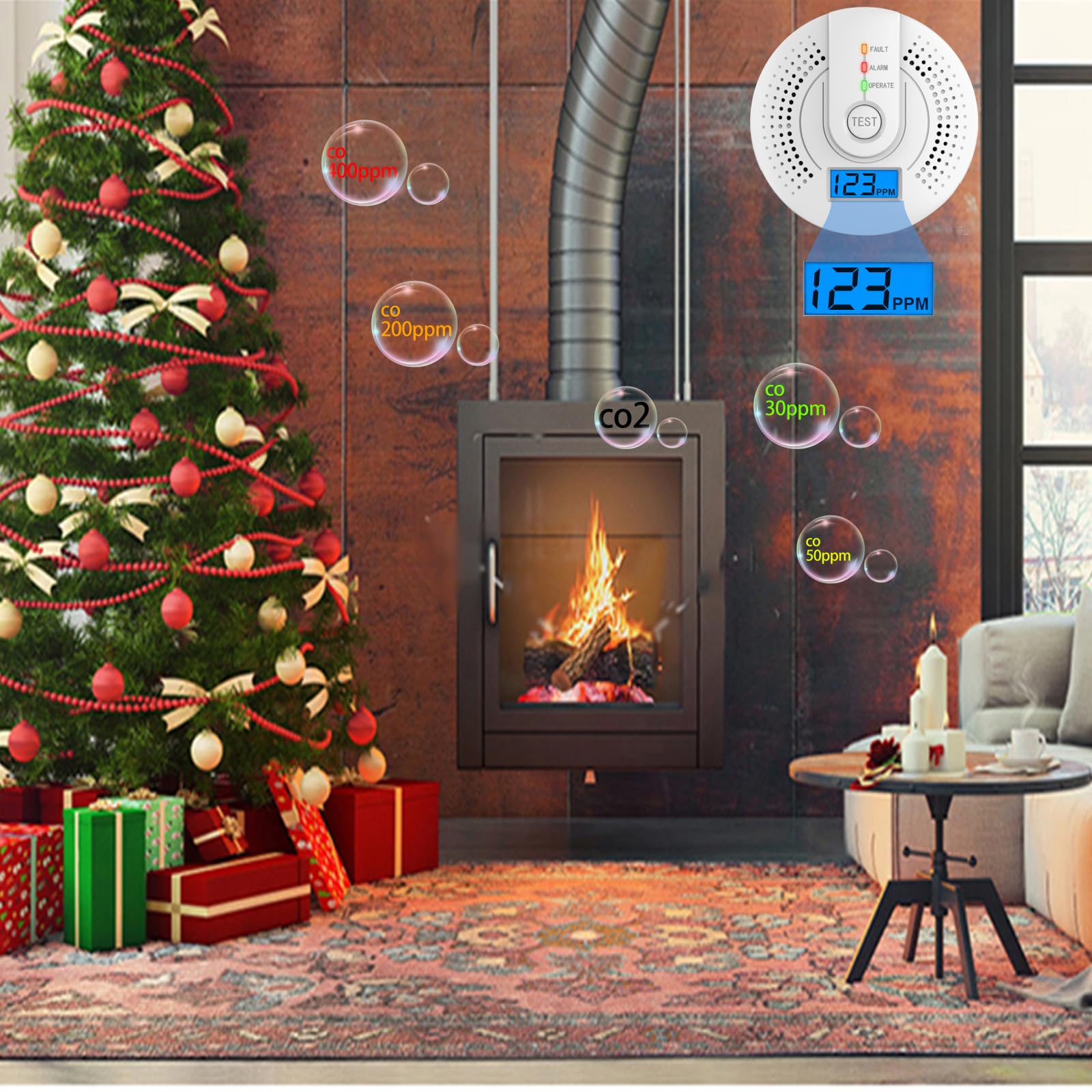 Détecteur de monoxyde de carbone, affichage numérique et alarme sonore, alarme portable de voyage, 9,6 x 9,6 x 3,1 cm, blanc (sans batterie) - 8