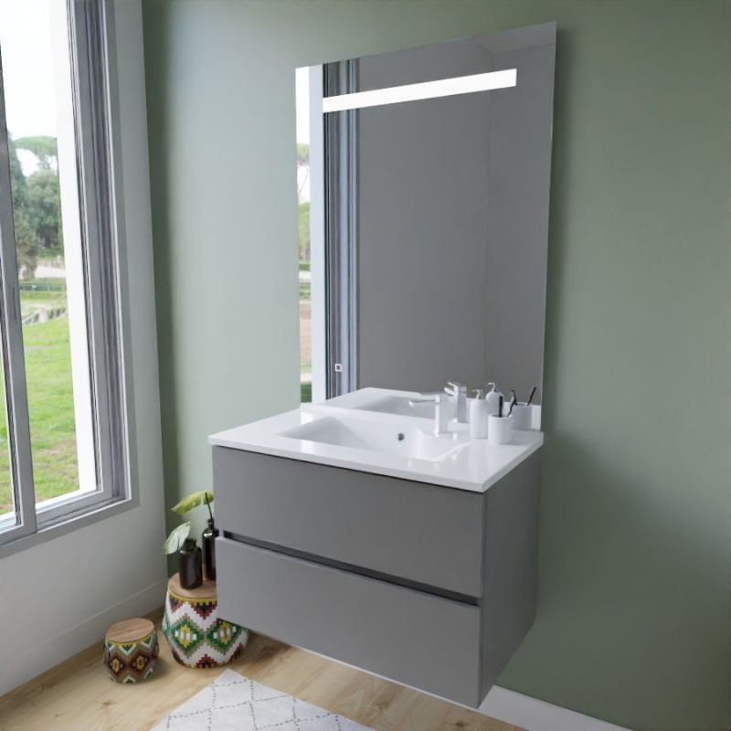 Meuble vasque ROSALY INOX 80 cm + miroir Elégance ht105- Gris- Plan vasque en Résine - 3