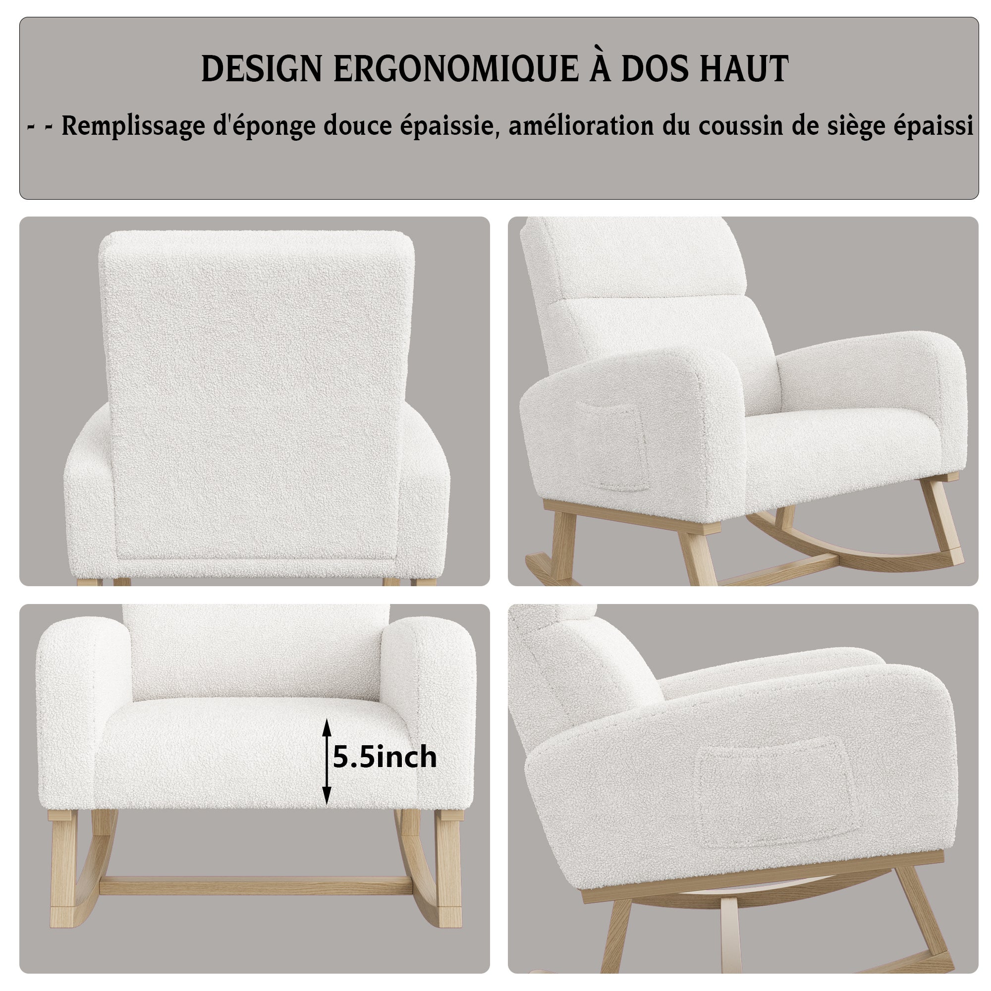 Fauteuil à Bascule, Rocking Chair en Tissu Teddy, Fauteuil Allaitement Scandinave, Chaise à Bascule en Bois Massif pour Salon, Chambre, Balcon, Blanc - 6