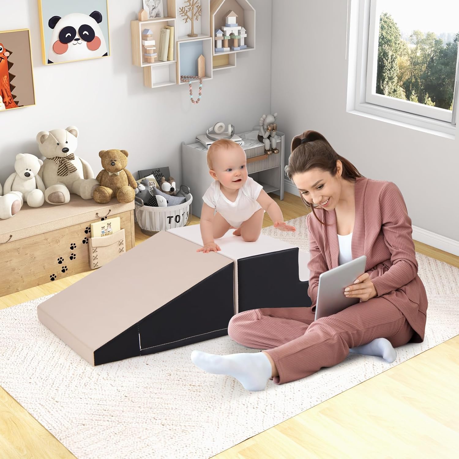 2PCS Parcours Motricité Bébé en Mousse avec Housse Amovible en PU, avec Marche & Toboggan, Jouets Éducatifs pour Ramper Grimper(Gris) - 8