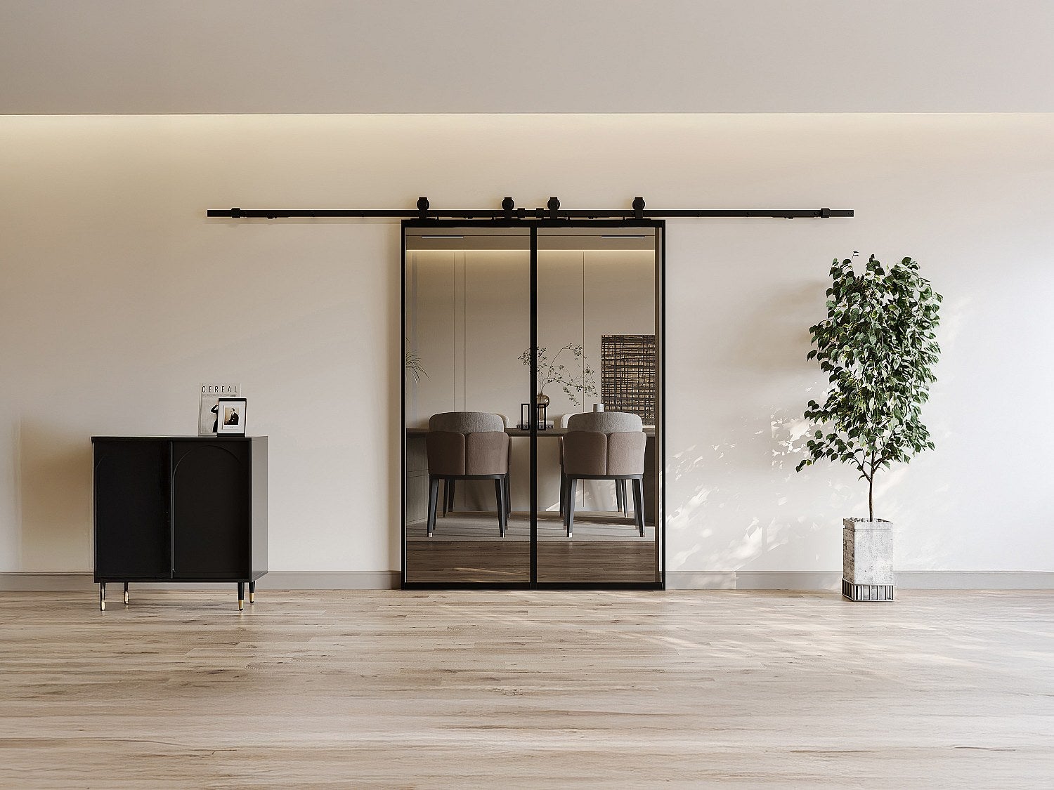 Drzwi przesuwne podwójne z naściennym systemem przesuwnym – aluminium i szkło hartowane przydymione – 2 x wys. 205 x dł. 93 cm – LINCI II