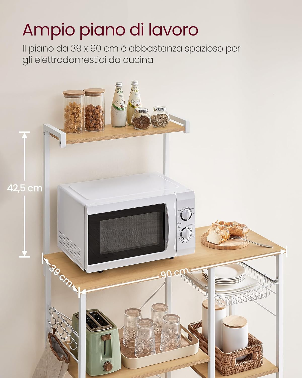 Scaffale da cucina con cestino in metallo, 6 ganci, per spezie, pentole e padelle, moderno, rovere beige e bianco - 4
