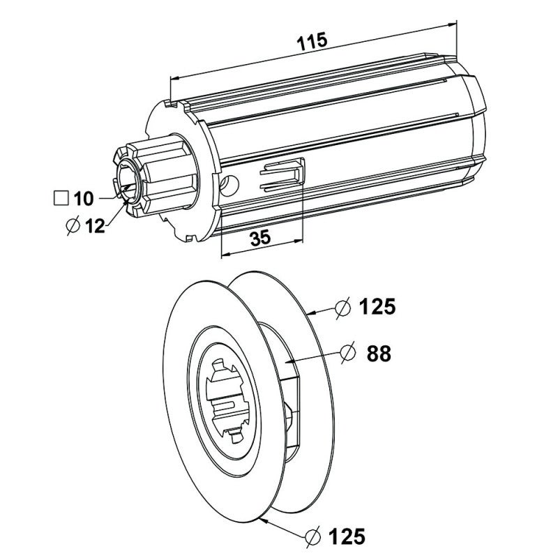 Embout avec poulie Ø 125 mm pour tube ZF 54 sur téton Ø 12 ou carré 10 mm - 2