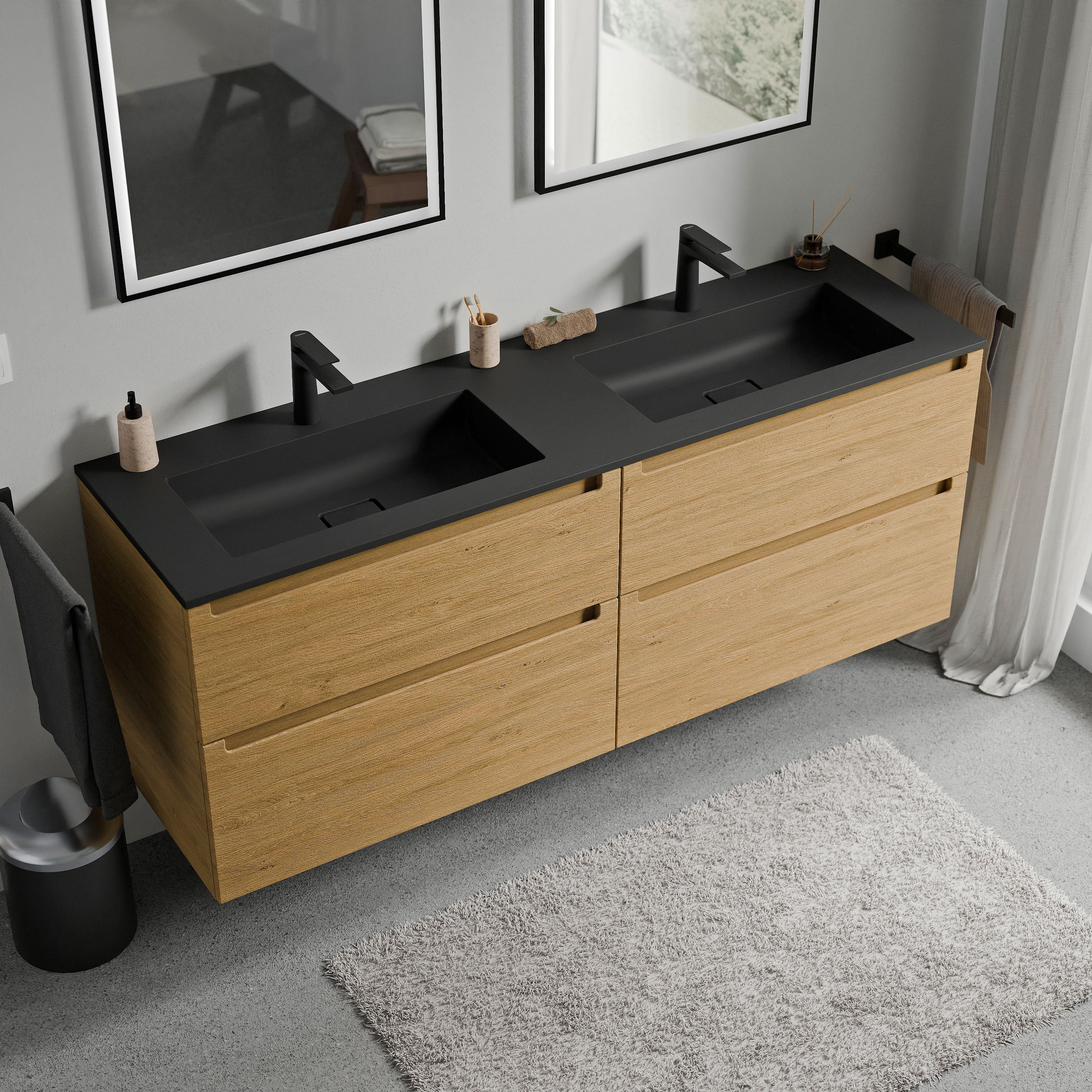 BERNSTEIN - Meuble double vasque suspendu MDF Chêne miel, lavabos fonte Noir mat + trous robinet, tiroirs pivotants - 160x46x62cm - VIREO - 2