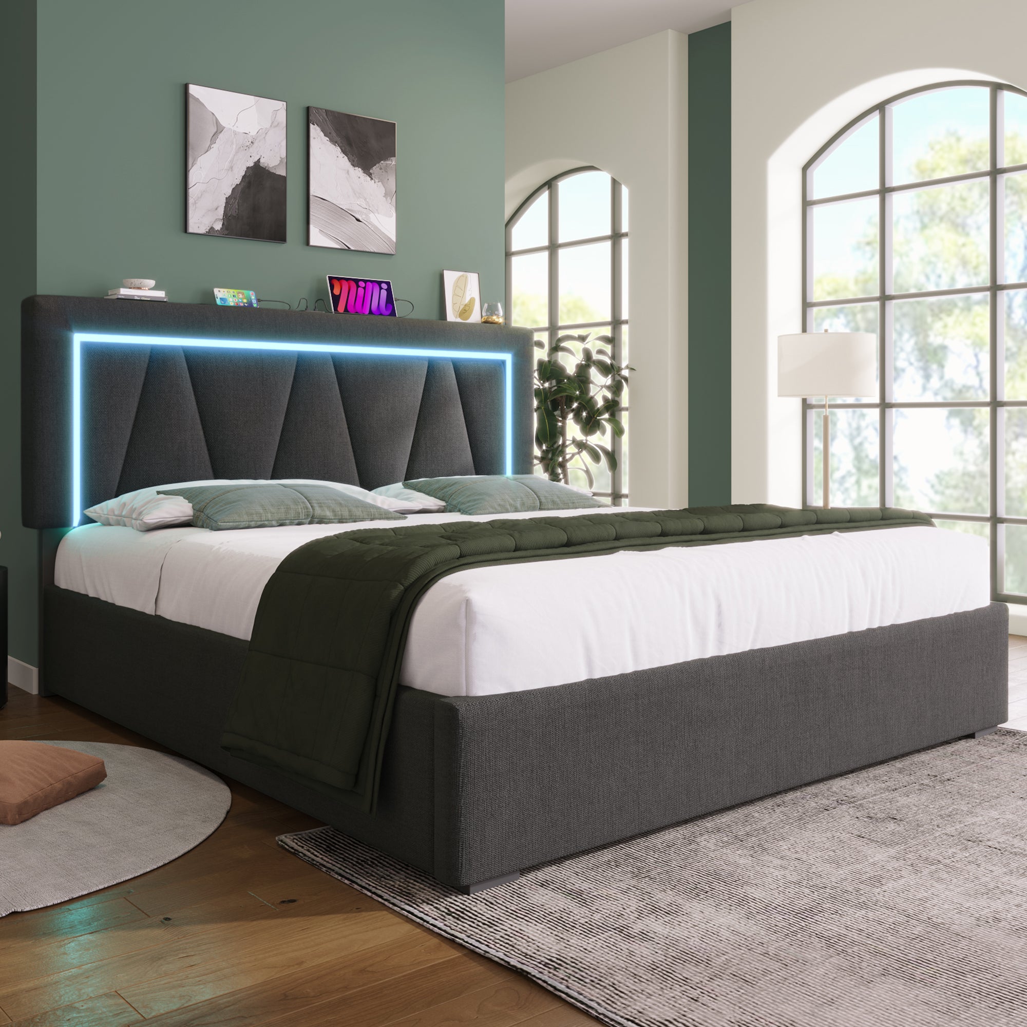 Cama contenedor 140 x 200 cm para adultos - USB + Tipo C + LED - tejido de lino - gris - 4