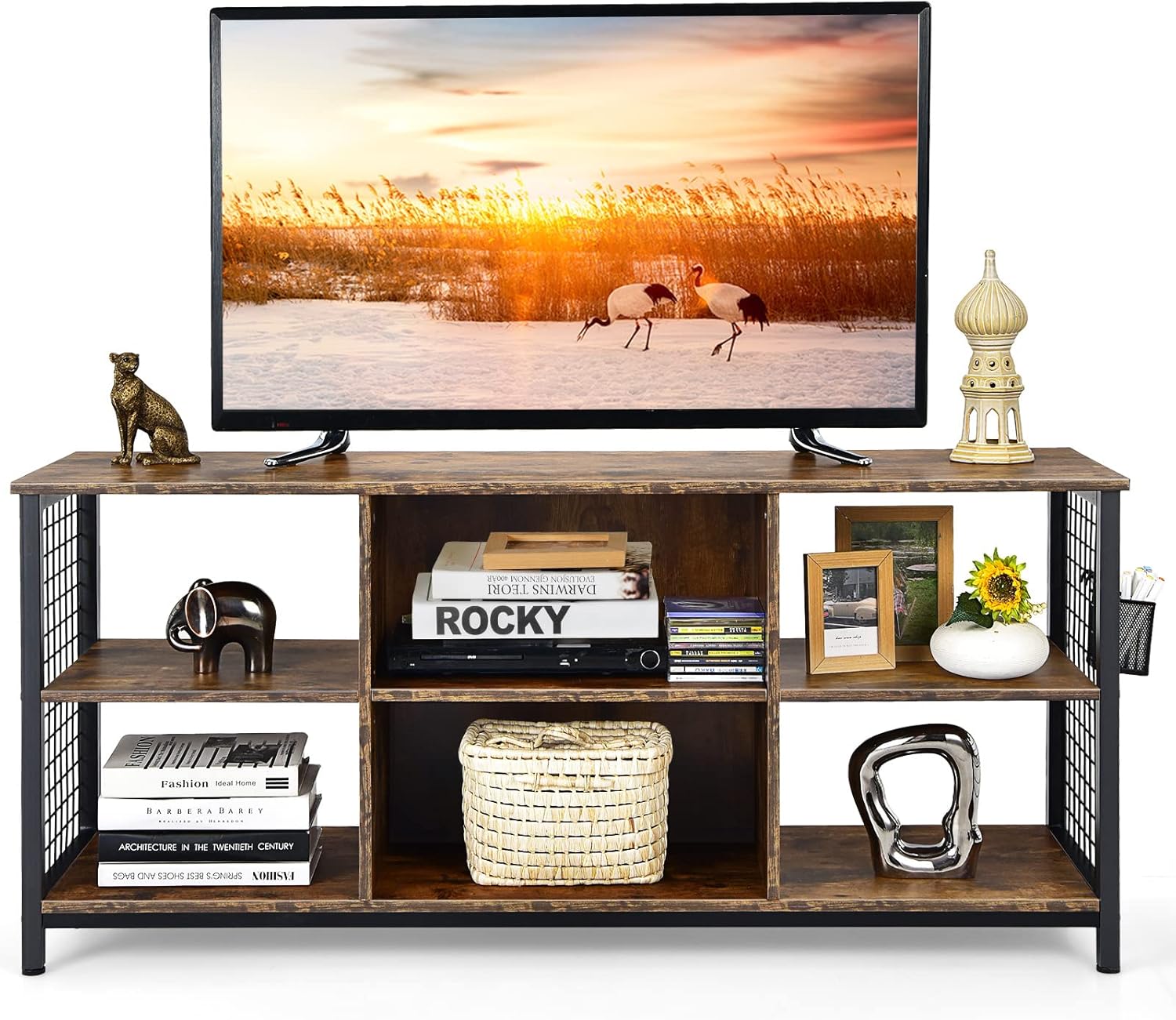 Meuble TV Boho En Bois - Support Jusqu'à 65" - 150x35x45,5 Cm - Portes En Rotin, Tiroir Et Passe-Câble - GIANTEX - 8